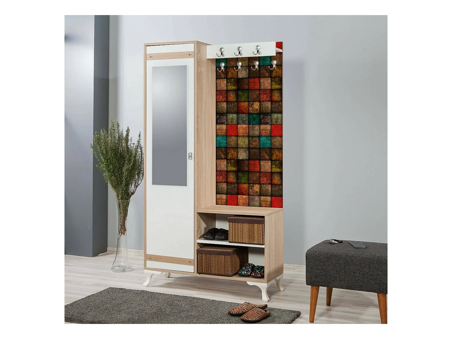 Meuble d'entrée Zephyr, Crochet d'entrée, Composition pour l'atrium, Console de rangement multifonction, 100x36h190 cm, Chêne et Multicolore