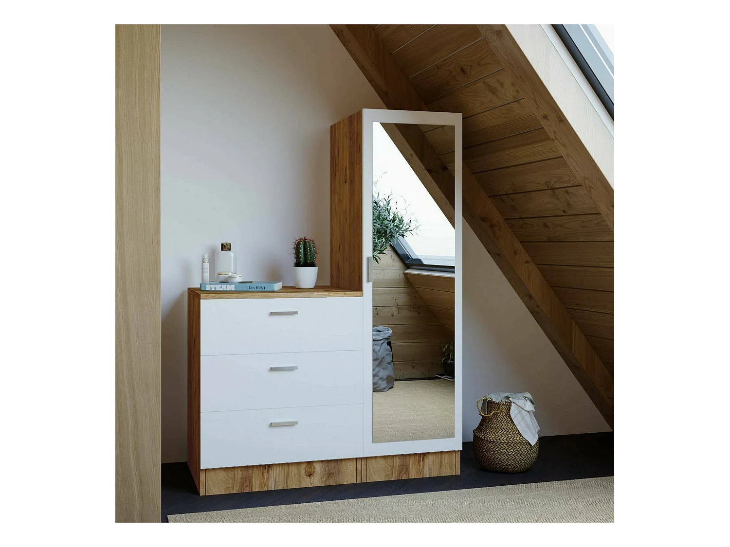 Meuble d'entrée Halimede, Crochet d'entrée, Composition pour l'atrium, Console de rangement multifonction, 60x47h72 cm, Chêne et Blanc