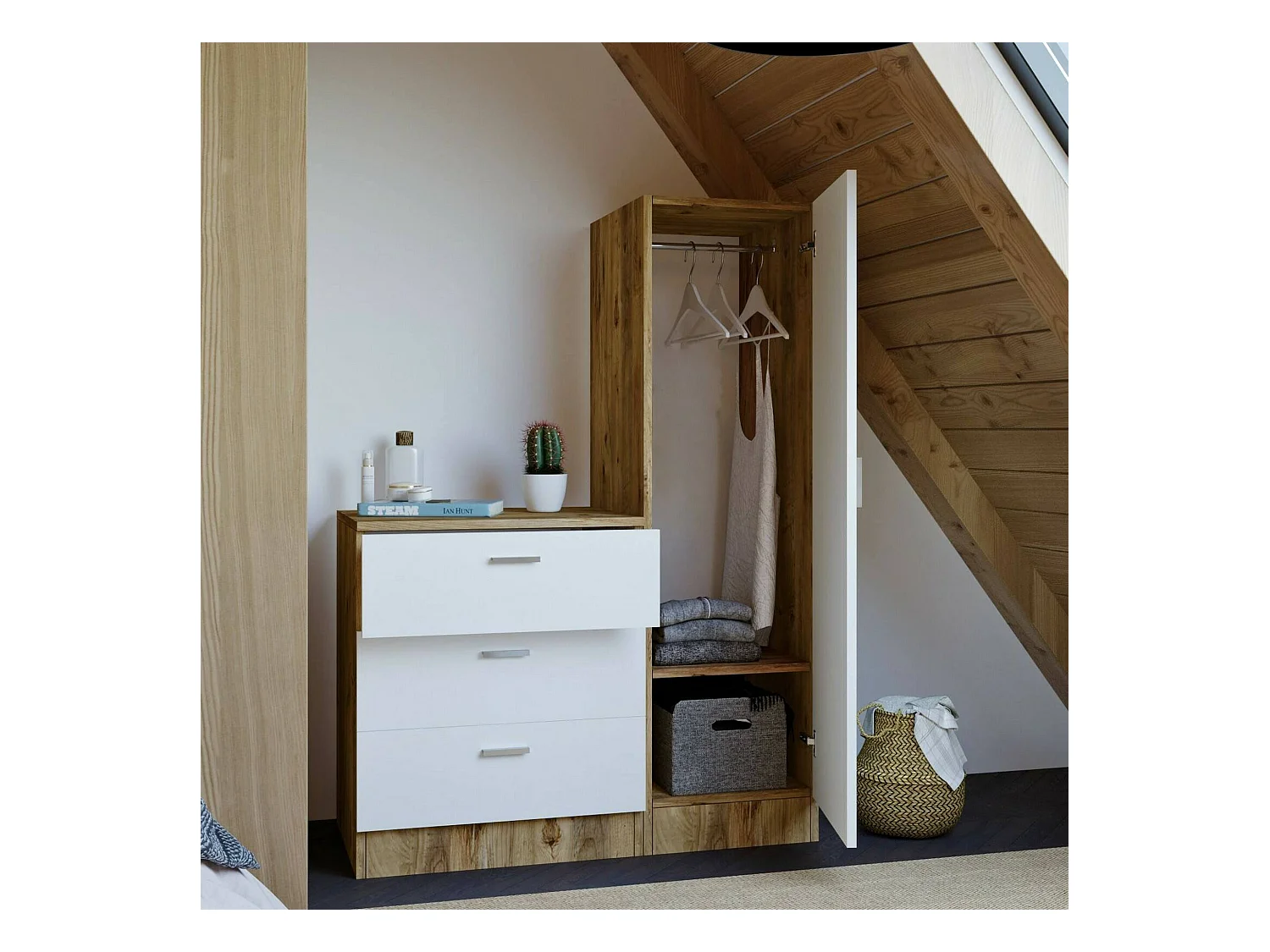 Meuble d'entrée Halimede, Crochet d'entrée, Composition pour l'atrium, Console de rangement multifonction, 60x47h72 cm, Chêne et Blanc