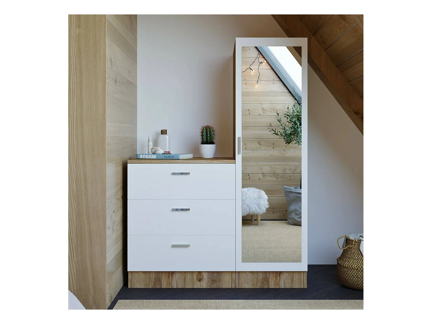 Meuble d'entrée Halimede, Crochet d'entrée, Composition pour l'atrium, Console de rangement multifonction, 60x47h72 cm, Chêne et Blanc