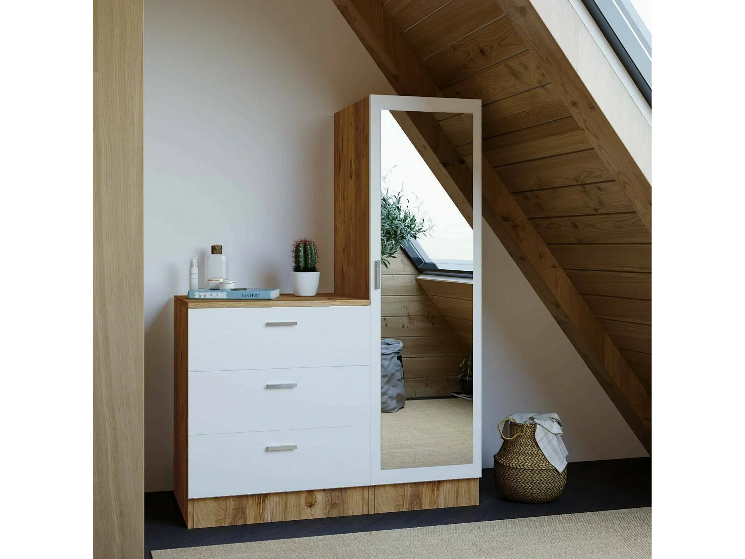 Dmarango entreekast, Hangende ingang, Atrium samenstelling, Multifunctionele opbergconsole, 60x47h72 cm, Eiken en Wit