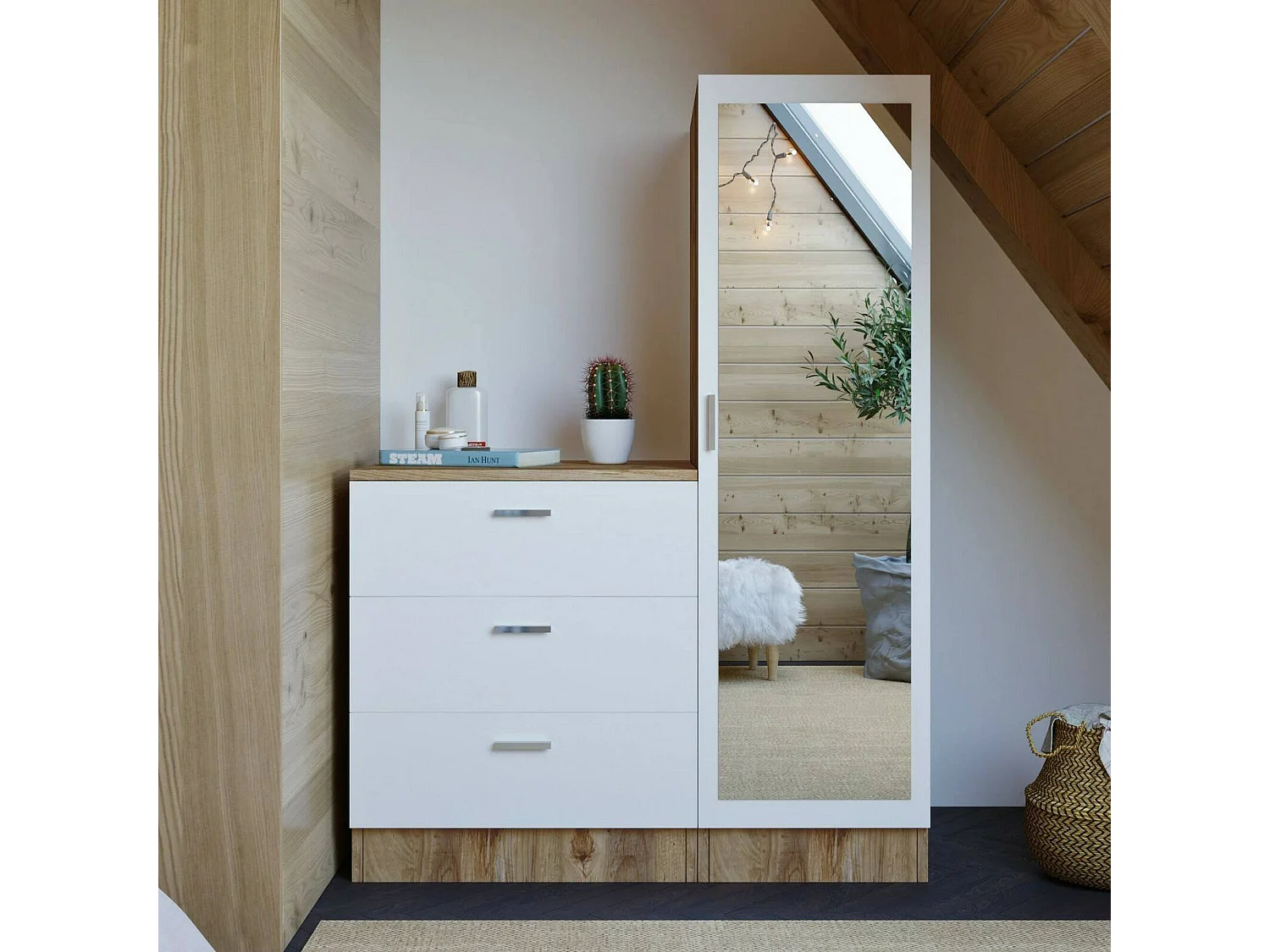 Dmarango entreekast, Hangende ingang, Atrium samenstelling, Multifunctionele opbergconsole, 60x47h72 cm, Eiken en Wit