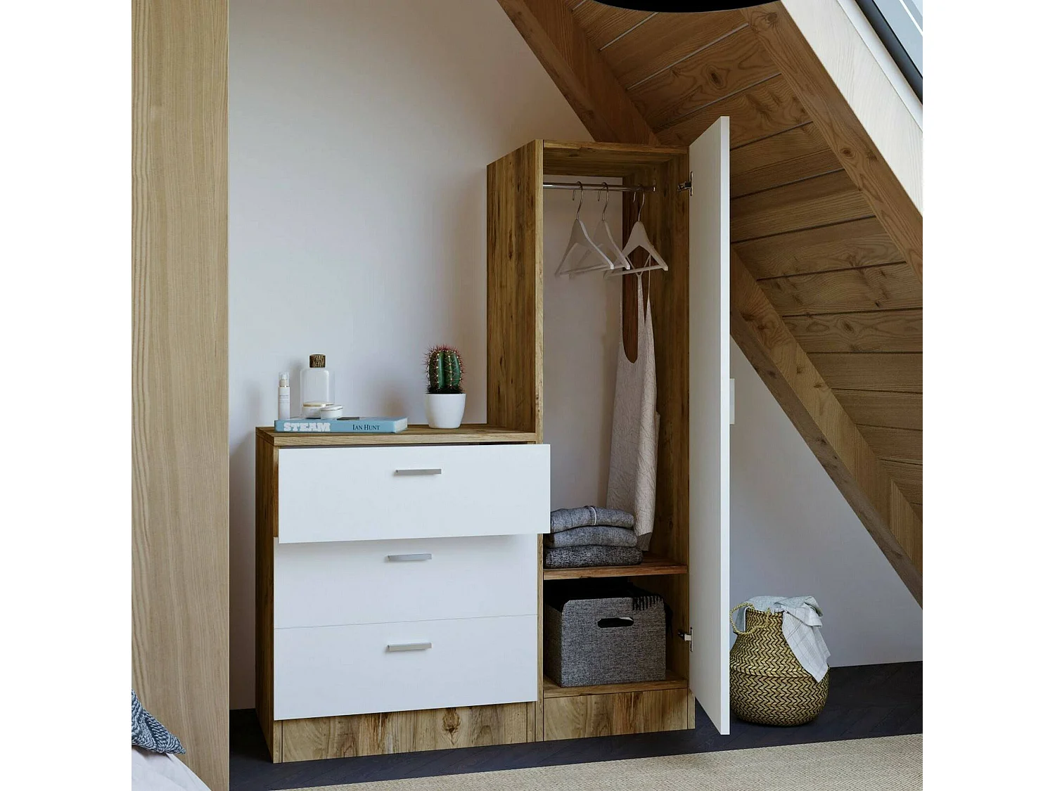 Dmarango entreekast, Hangende ingang, Atrium samenstelling, Multifunctionele opbergconsole, 60x47h72 cm, Eiken en Wit