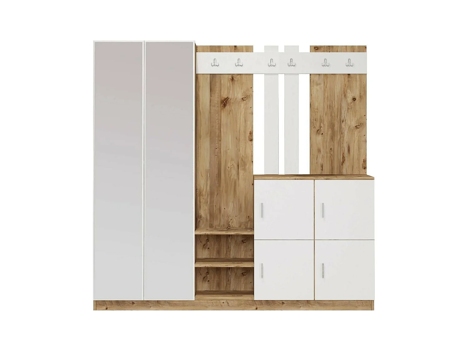 Meuble d'entrée Media, Crochet d'entrée, Composition pour l'atrium, Console de rangement multifonction, 187x38h180 cm, Chêne et Blanc
