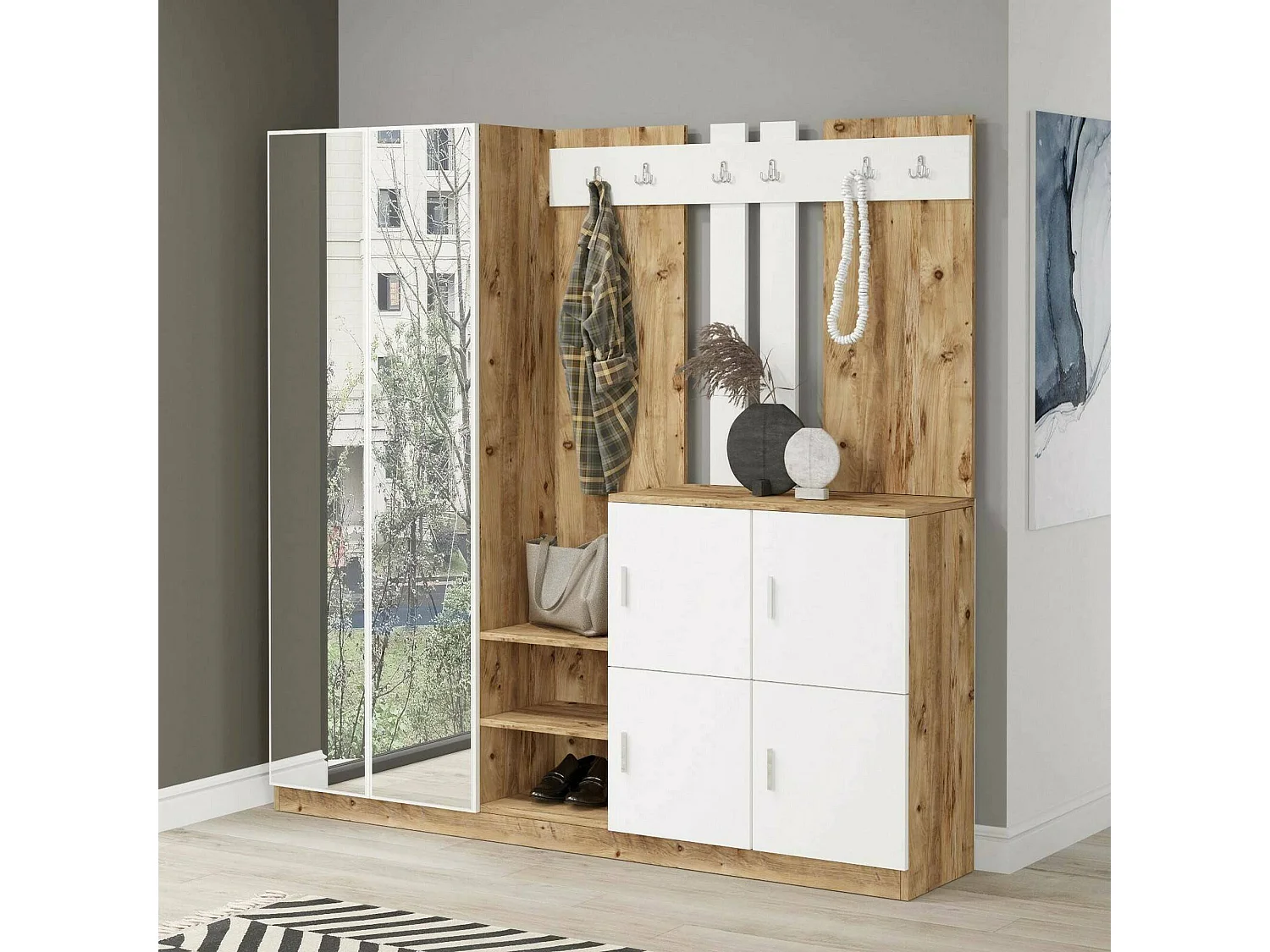 Dnikolao-ingangsmeubel, Inkomhanger, Atriumsamenstelling, Console118x38h180 cm m met eiken en wit