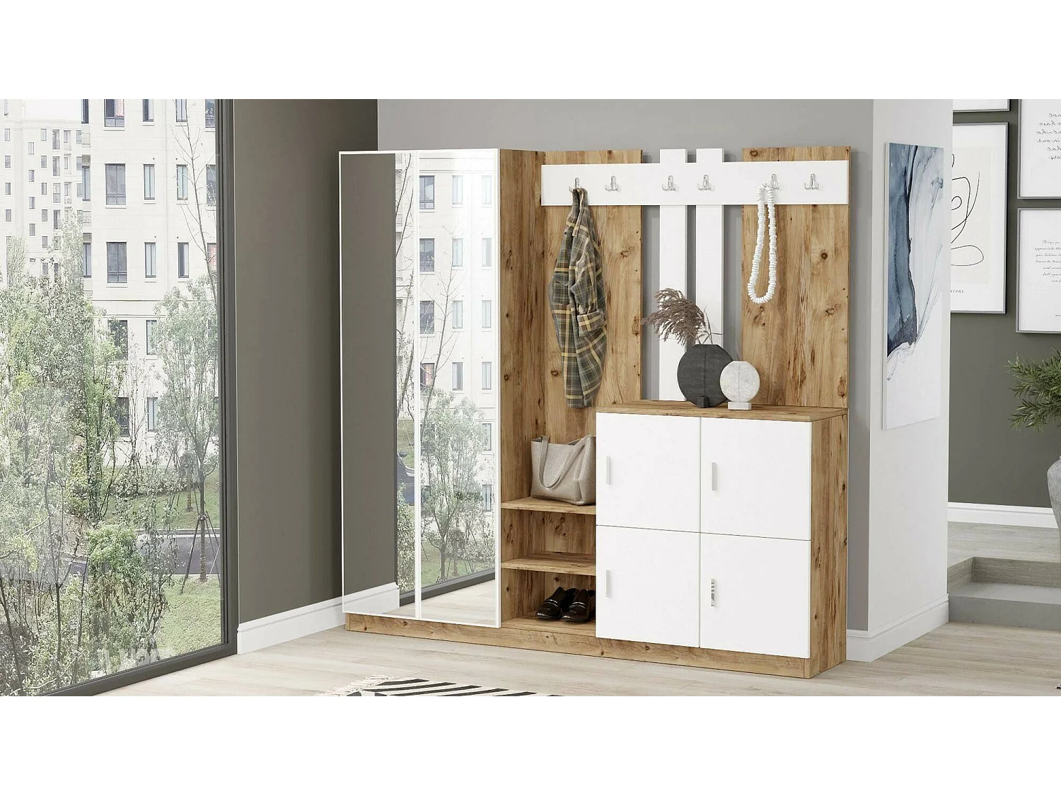 Dnikolao-ingangsmeubel, Inkomhanger, Atriumsamenstelling, Console118x38h180 cm m met eiken en wit