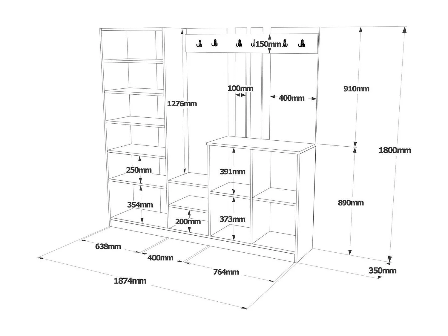 Meuble d'entrée Media, Crochet d'entrée, Composition pour l'atrium, Console de rangement multifonction, 187x38h180 cm, Chêne et Blanc