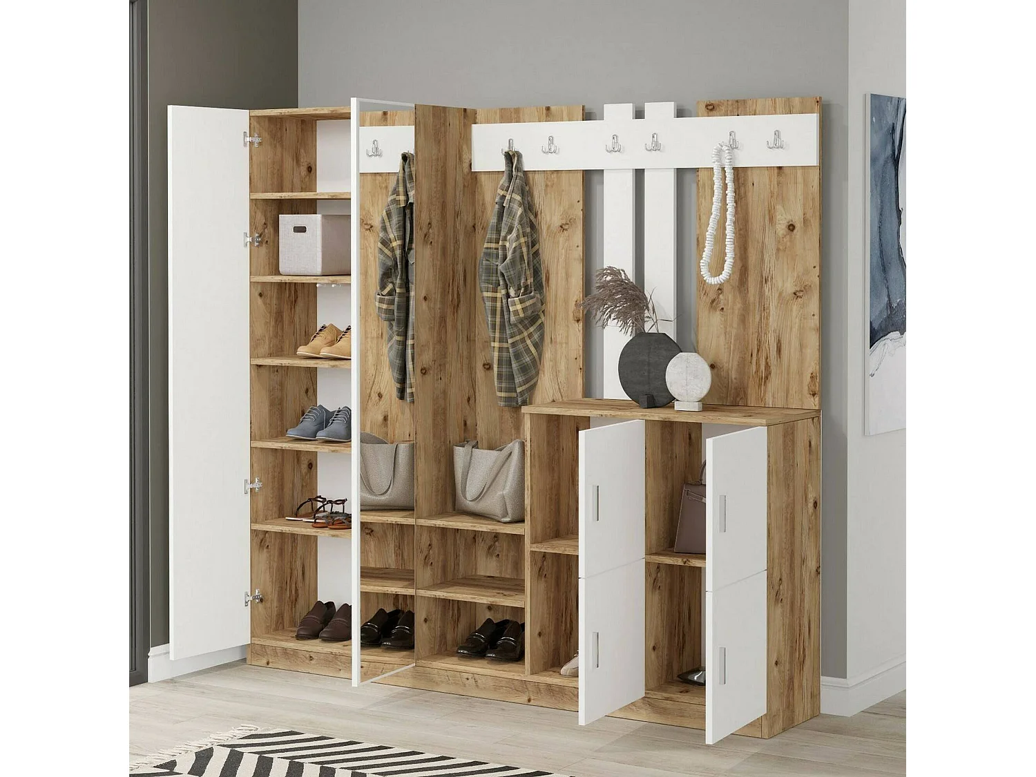 Meuble d'entrée Media, Crochet d'entrée, Composition pour l'atrium, Console de rangement multifonction, 187x38h180 cm, Chêne et Blanc