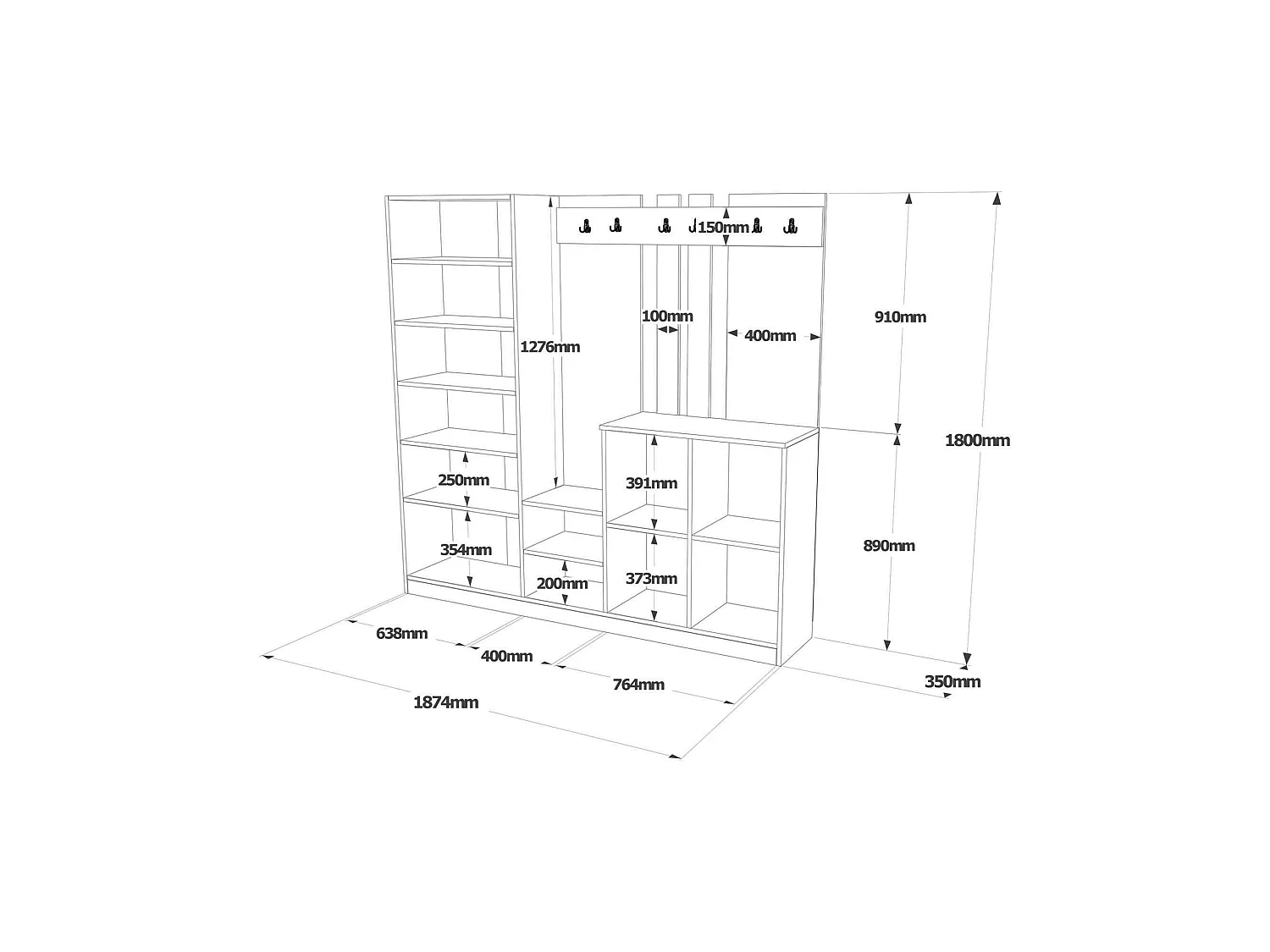 Meuble d'entrée Media, Crochet d'entrée, Composition pour l'atrium, Console de rangement multifonction, 187x38h180 cm, Chêne et Blanc