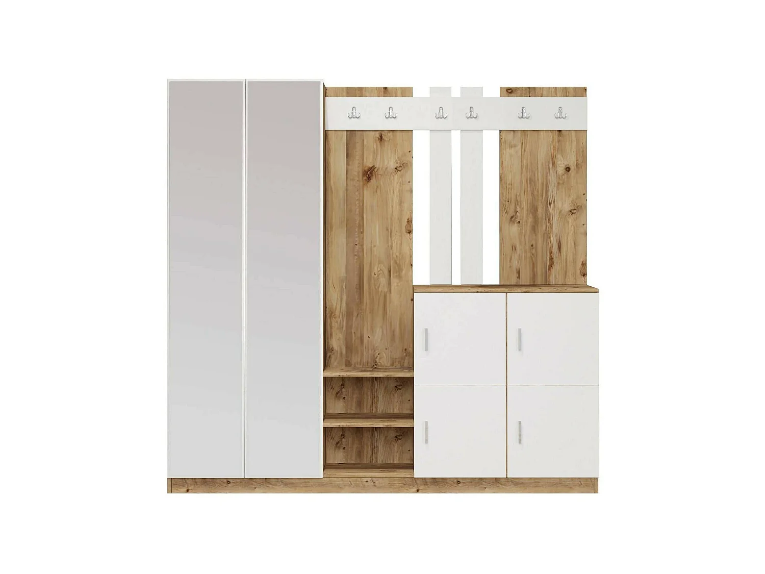 Meuble d'entrée Media, Crochet d'entrée, Composition pour l'atrium, Console de rangement multifonction, 187x38h180 cm, Chêne et Blanc