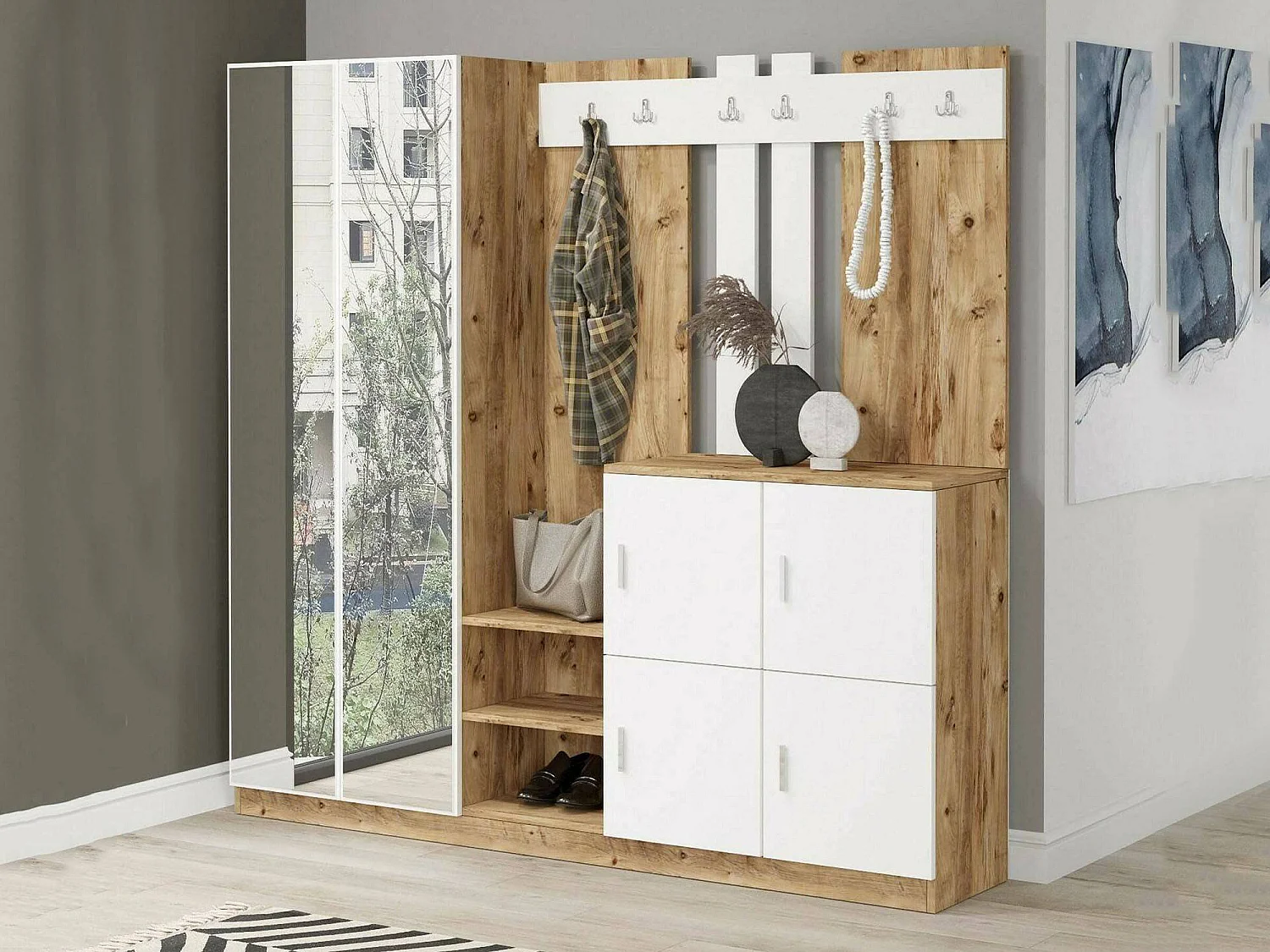 Meuble d'entrée Media, Crochet d'entrée, Composition pour l'atrium, Console de rangement multifonction, 187x38h180 cm, Chêne et Blanc