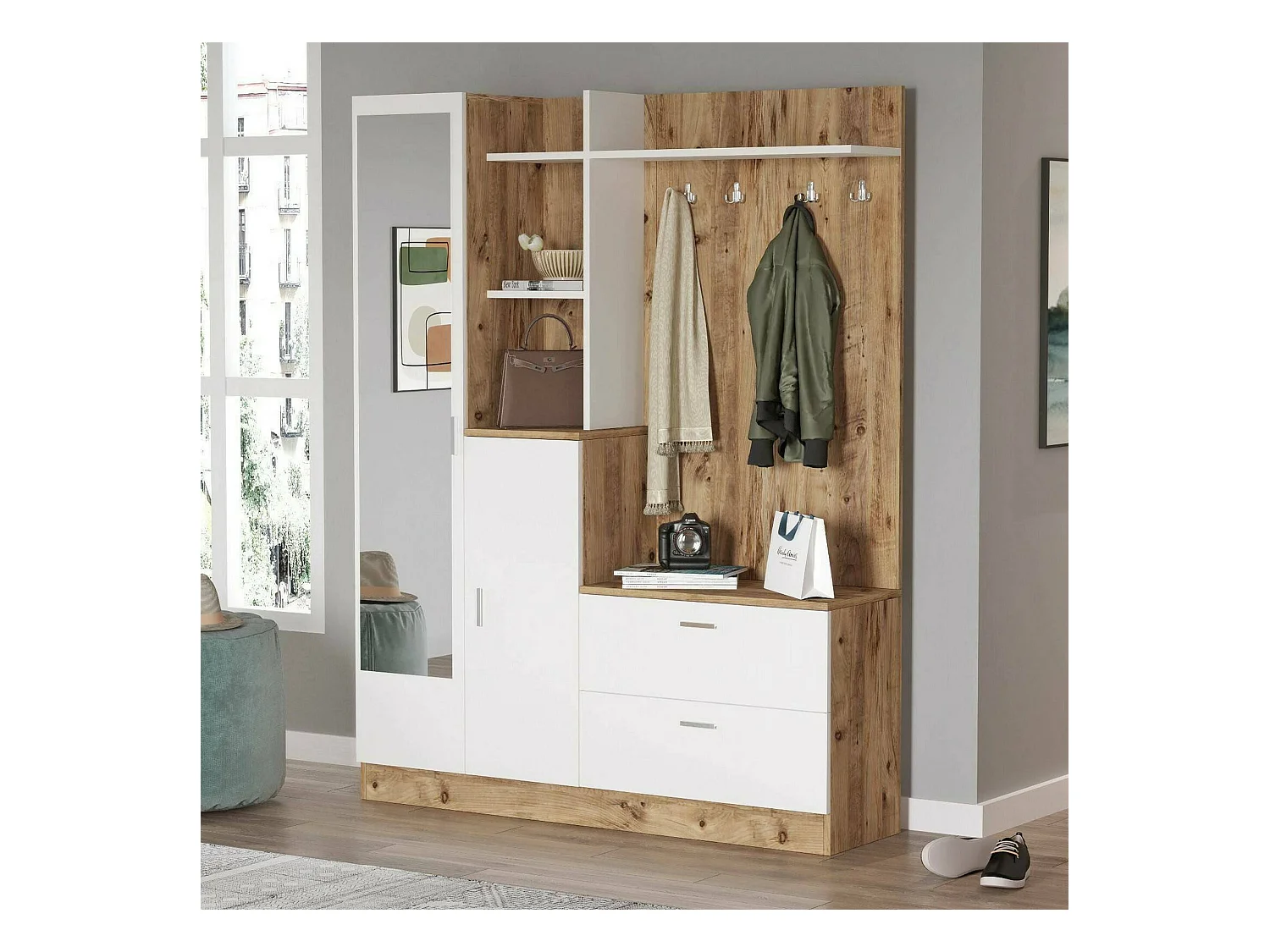 Dmasiell entreekast, Kleerhanger ingang, Atrium samenstelling, Multifunctionele opbergconsole, 140x37h182 cm, Eiken en Wit