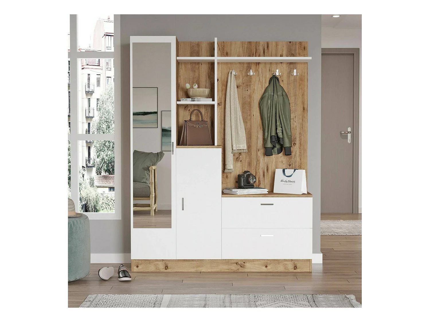 Dmasiell entreekast, Kleerhanger ingang, Atrium samenstelling, Multifunctionele opbergconsole, 140x37h182 cm, Eiken en Wit