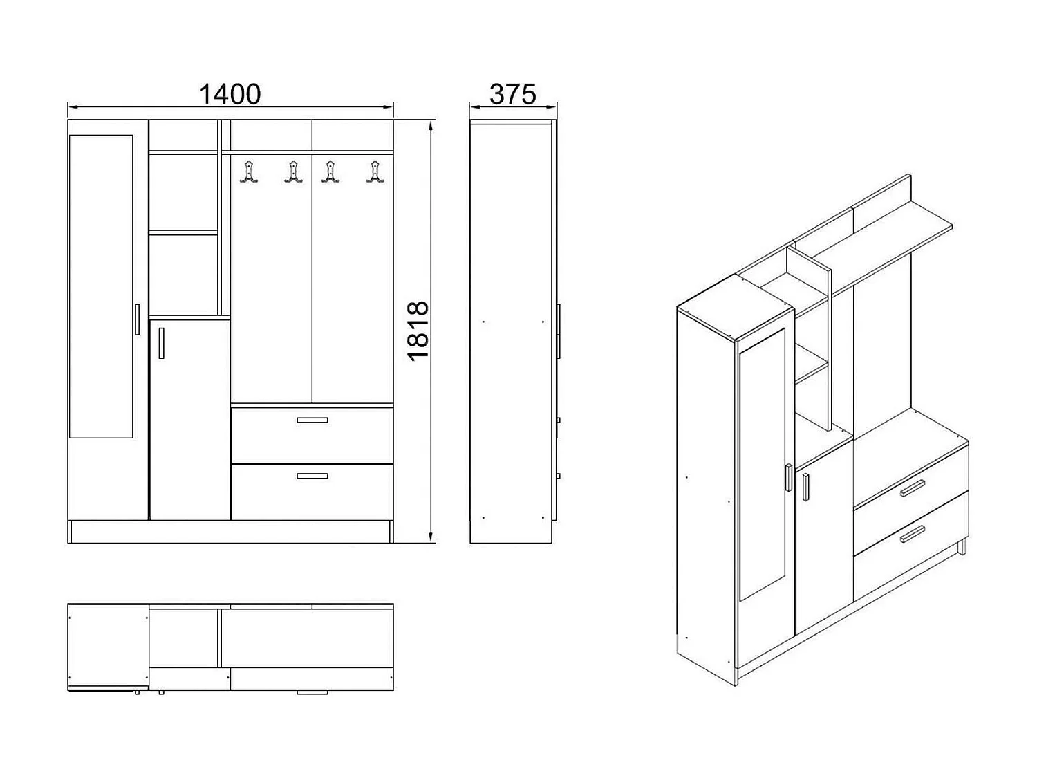 Mobile da Ingresso Anumali, Specchio Incluso, 36.8x140x181.8h cm Marrone Quercia