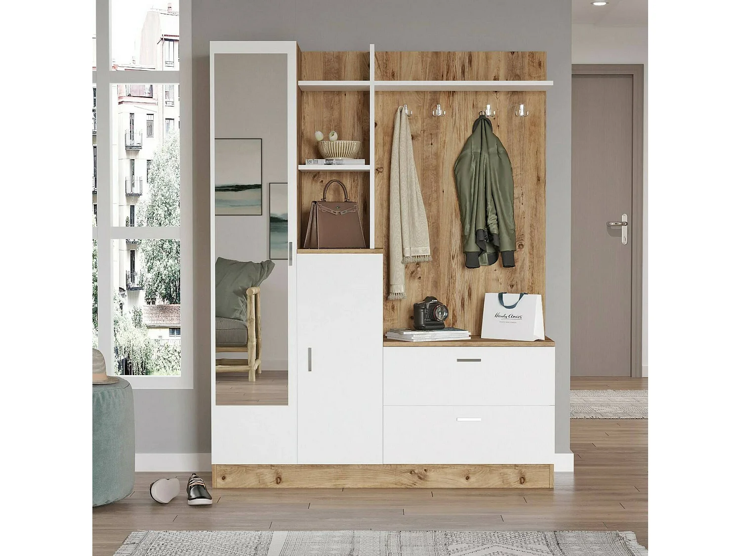 Mobile da Ingresso Anumali, Specchio Incluso, 36.8x140x181.8h cm Marrone Quercia