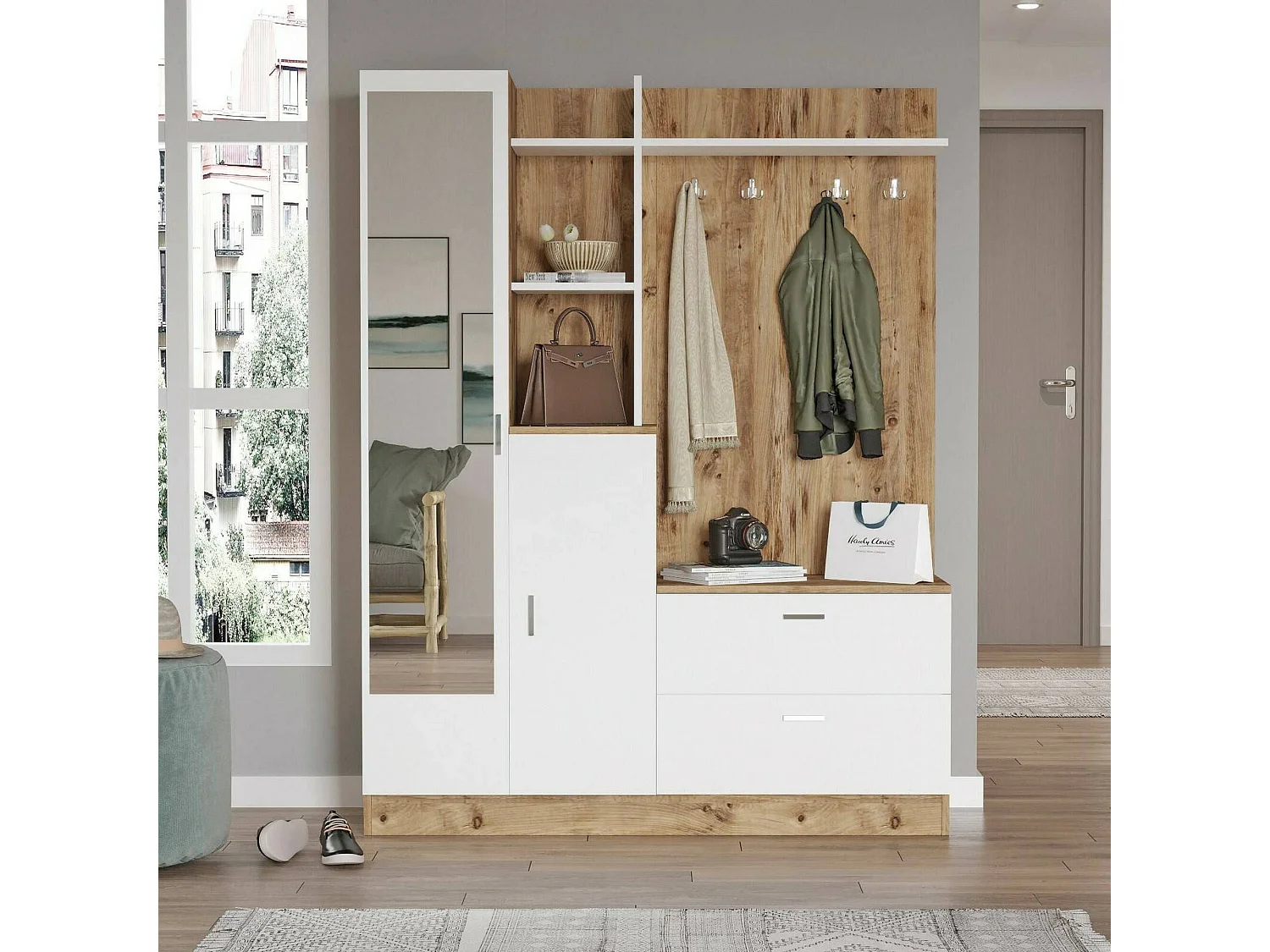 Mobile da Ingresso Anumali, Specchio Incluso, 36.8x140x181.8h cm Marrone Quercia