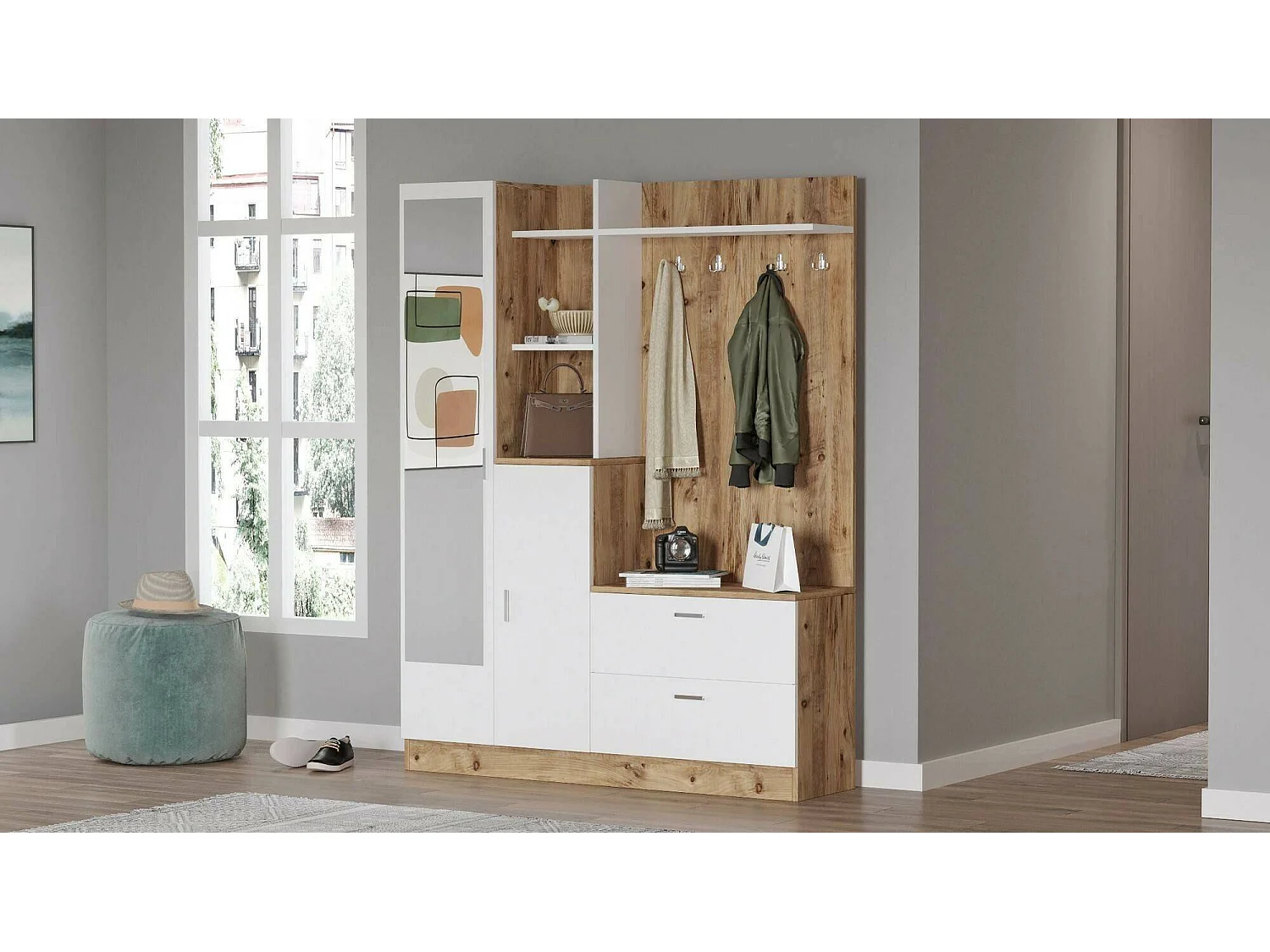 Eingangsmöbel Dmasiell, Moderner Eingang, Wandgarderobe, Multifunktions-Aufbewahrungskonsole, 140x37h182 cm, Eiche und WeiÃŸ