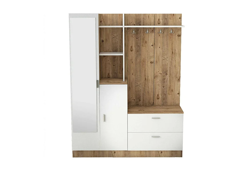 Armário de entrada Dmasiell, Entrada para cabides, Composição para átrio, Consola de armazenamento multifunções, 140x37h182 cm, Carvalho e Branco