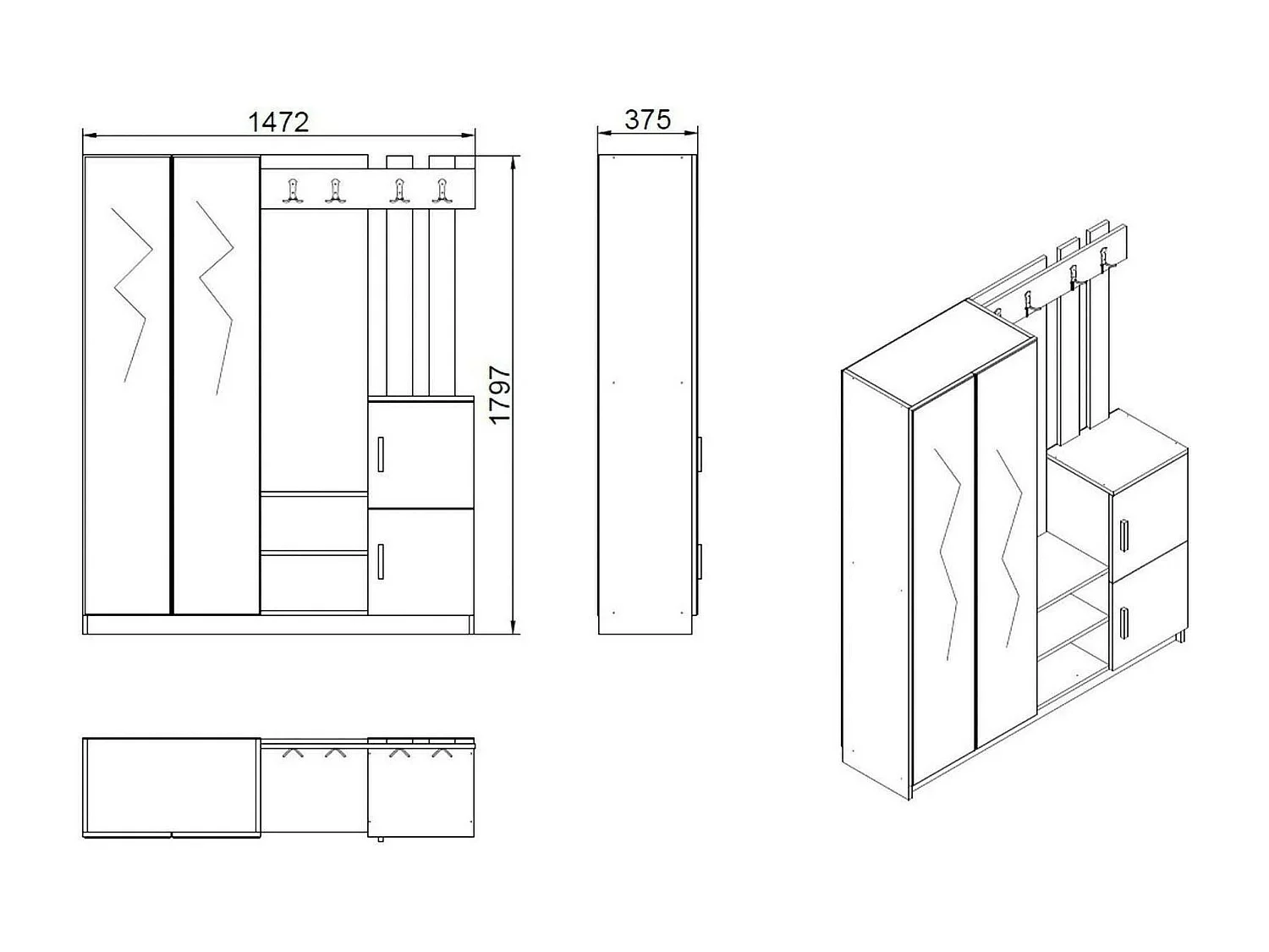 Dgautier-ingangsmeubel, inkomhanger, atriumsomenstelling, muptfunctionele houderhouder, 147x38h180 cm, Eiken en antraciet