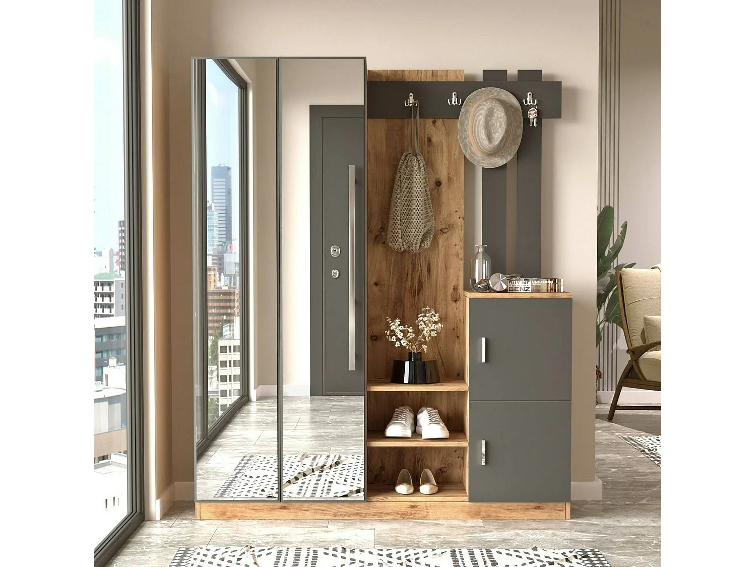 Dgautier-ingangsmeubel, inkomhanger, atriumsomenstelling, muptfunctionele houderhouder, 147x38h180 cm, Eiken en antraciet