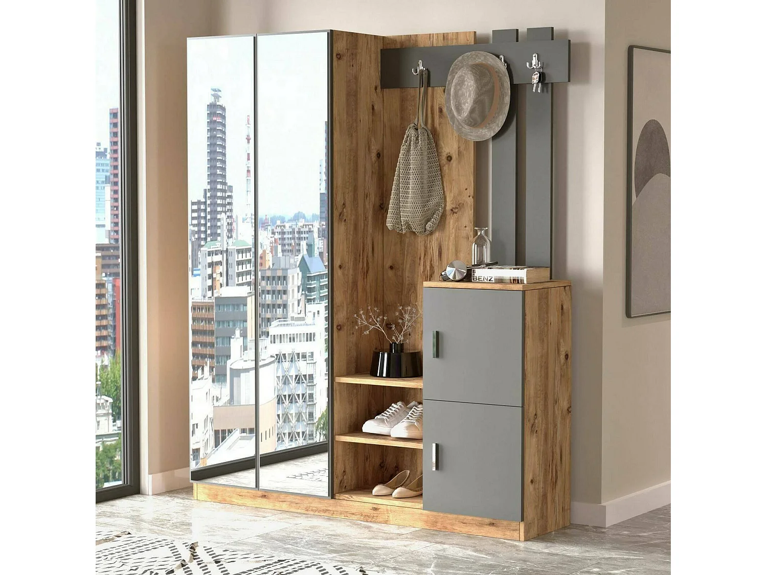 Mobile da Ingresso Arcibaldo, Specchio Incluso, 37.5x147.2x179.7h cm Marrone Quercia