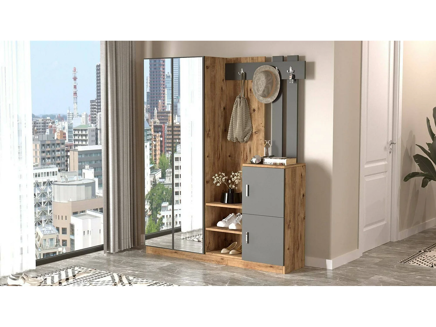 Mobile da Ingresso Arcibaldo, Specchio Incluso, 37.5x147.2x179.7h cm Marrone Quercia