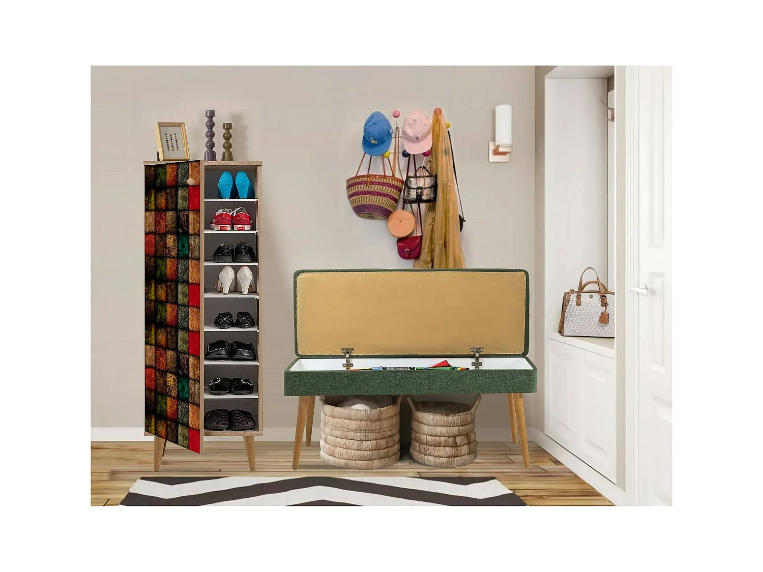 Dgallett-ingangskast, Ingangskast, Atrium-opstelling, Mupt-functionele opbergkast, 50x38h135 cm, Eik en Groen