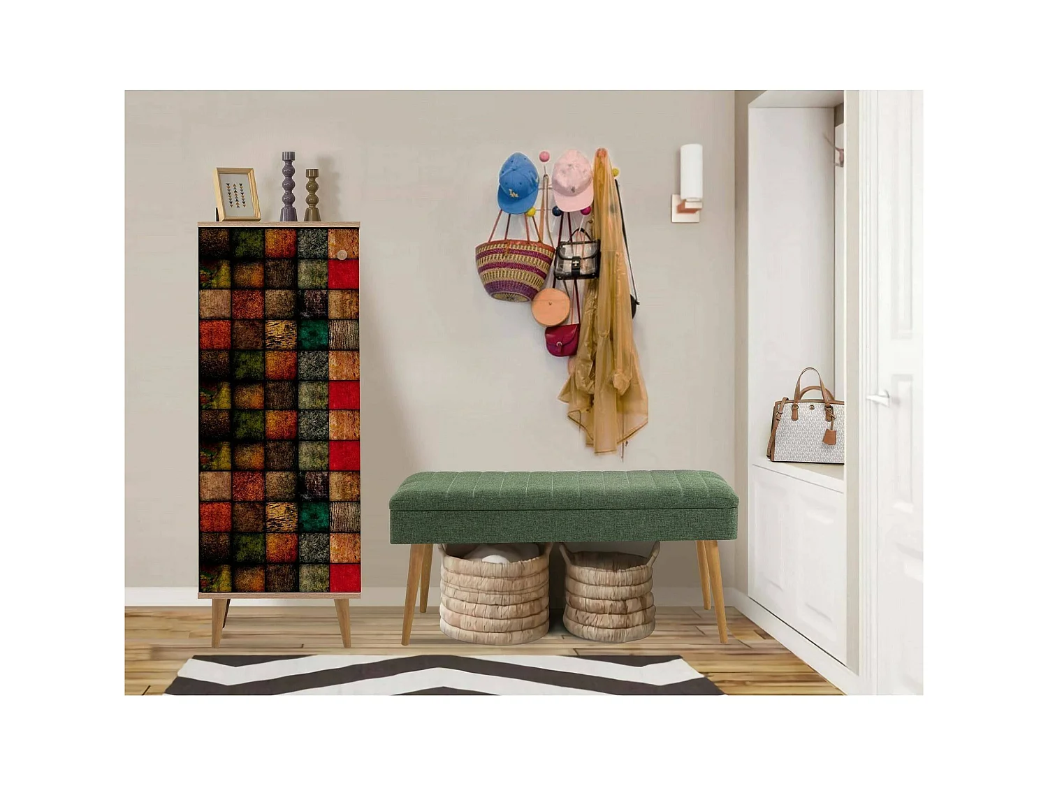 Dgallett-ingangskast, Ingangskast, Atrium-opstelling, Mupt-functionele opbergkast, 50x38h135 cm, Eik en Groen