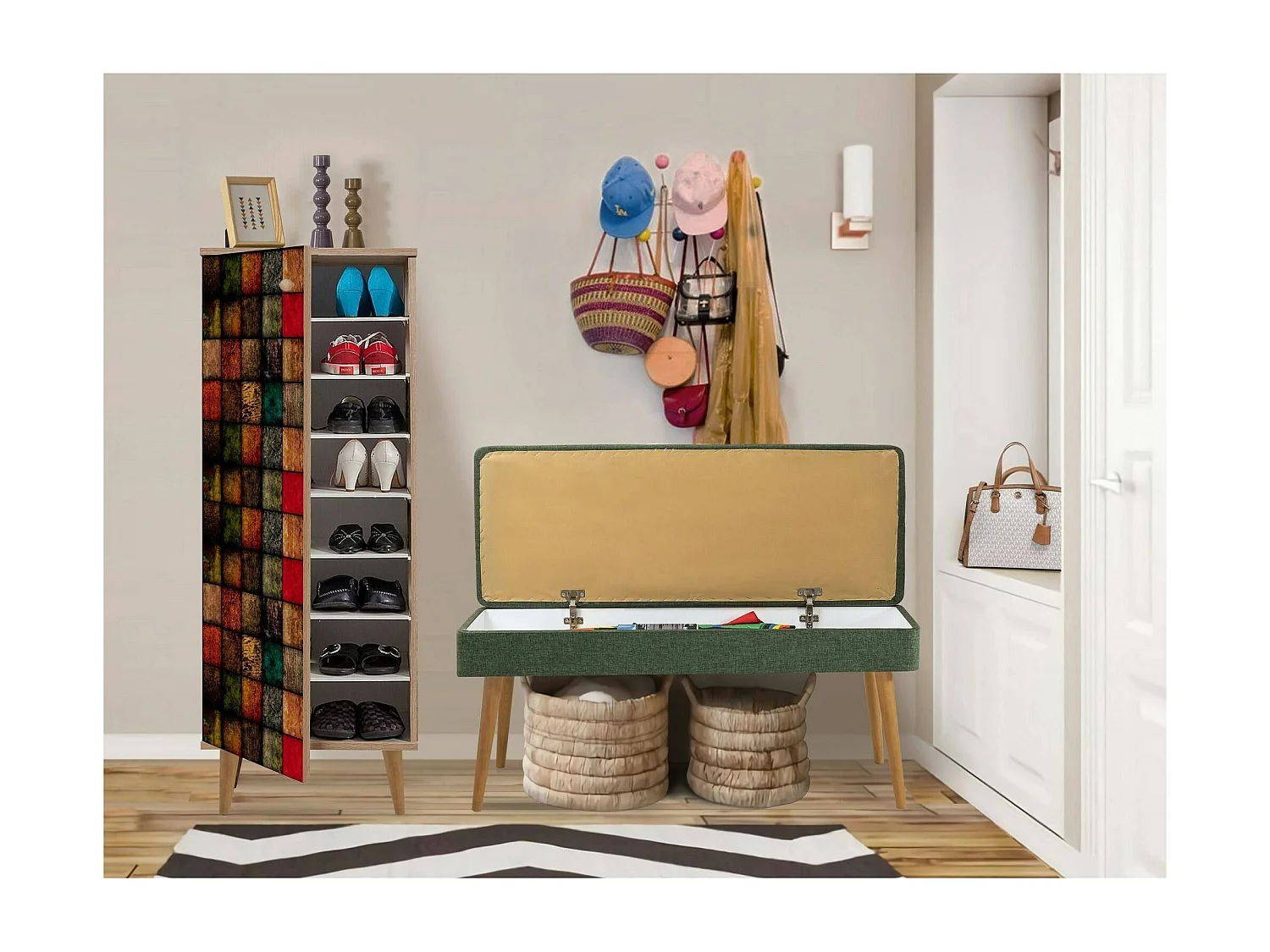 Dgallett-ingangskast, Ingangskast, Atrium-opstelling, Mupt-functionele opbergkast, 50x38h135 cm, Eik en Groen