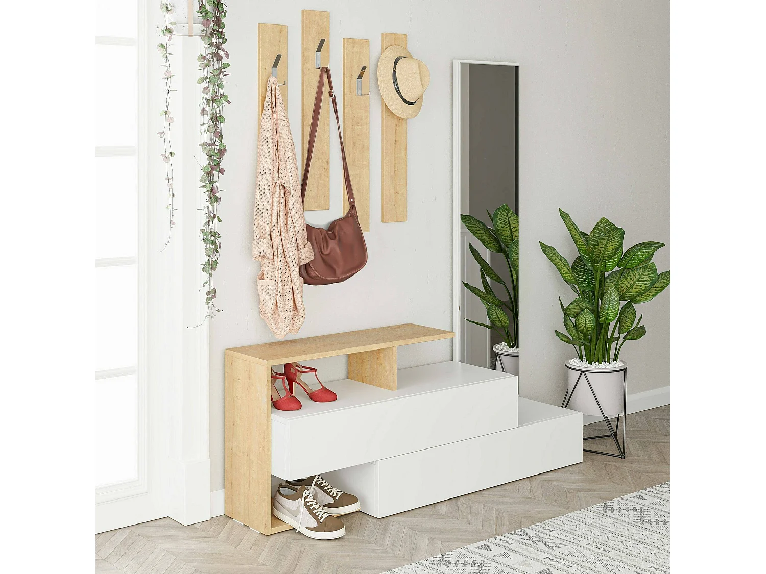 Meuble d'entrée Himalia, Crochet d'entrée, Composition pour l'atrium, Console de rangement multifonction, 137x35h55 cm, Blanc et chêne