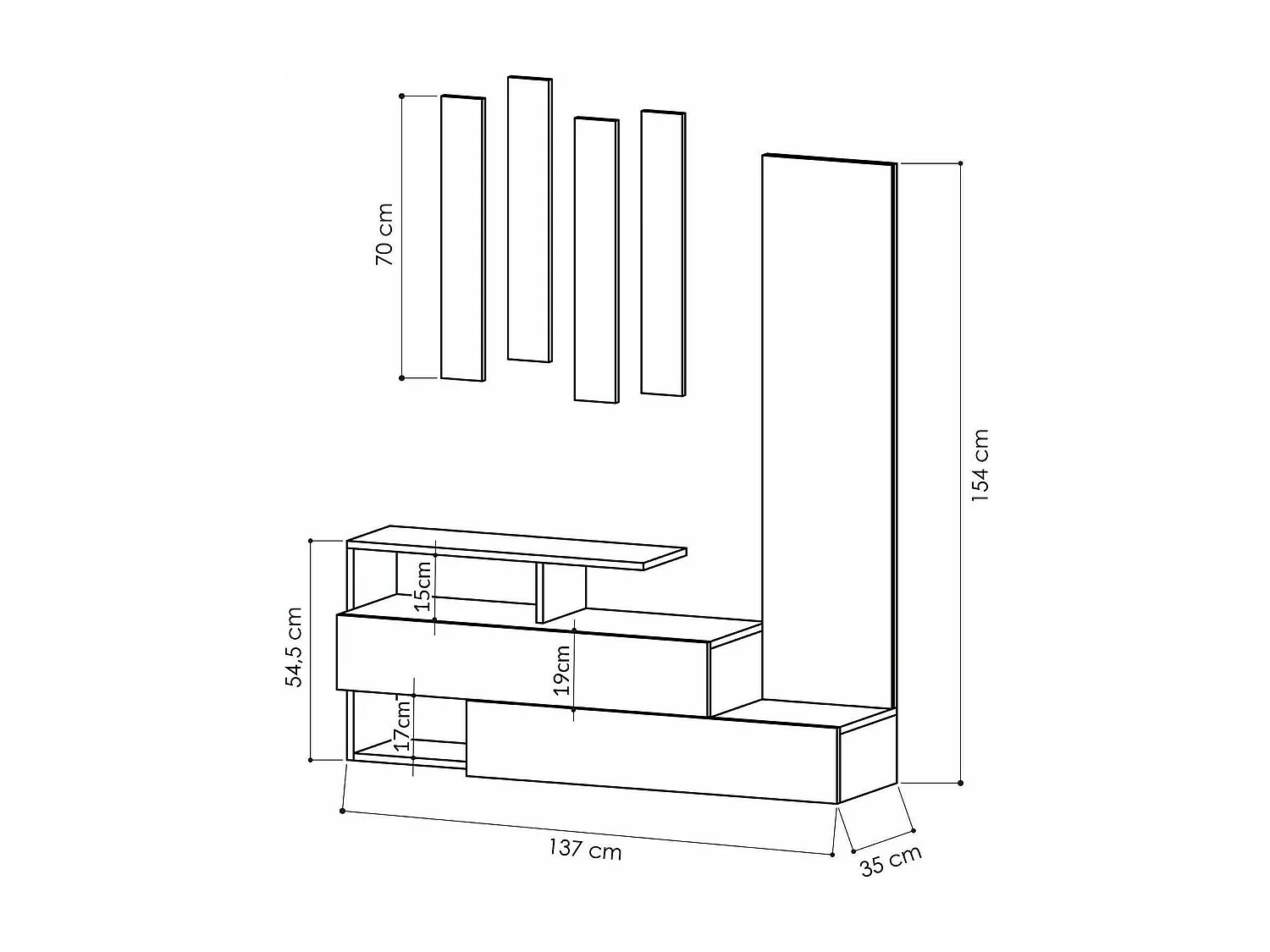 Dmartne-inkommeubel, inkomhanger, samenstelling voor atriumsO, Muptfunctionele opstelhouder, 137x35h55 cm, Wit en Eiken