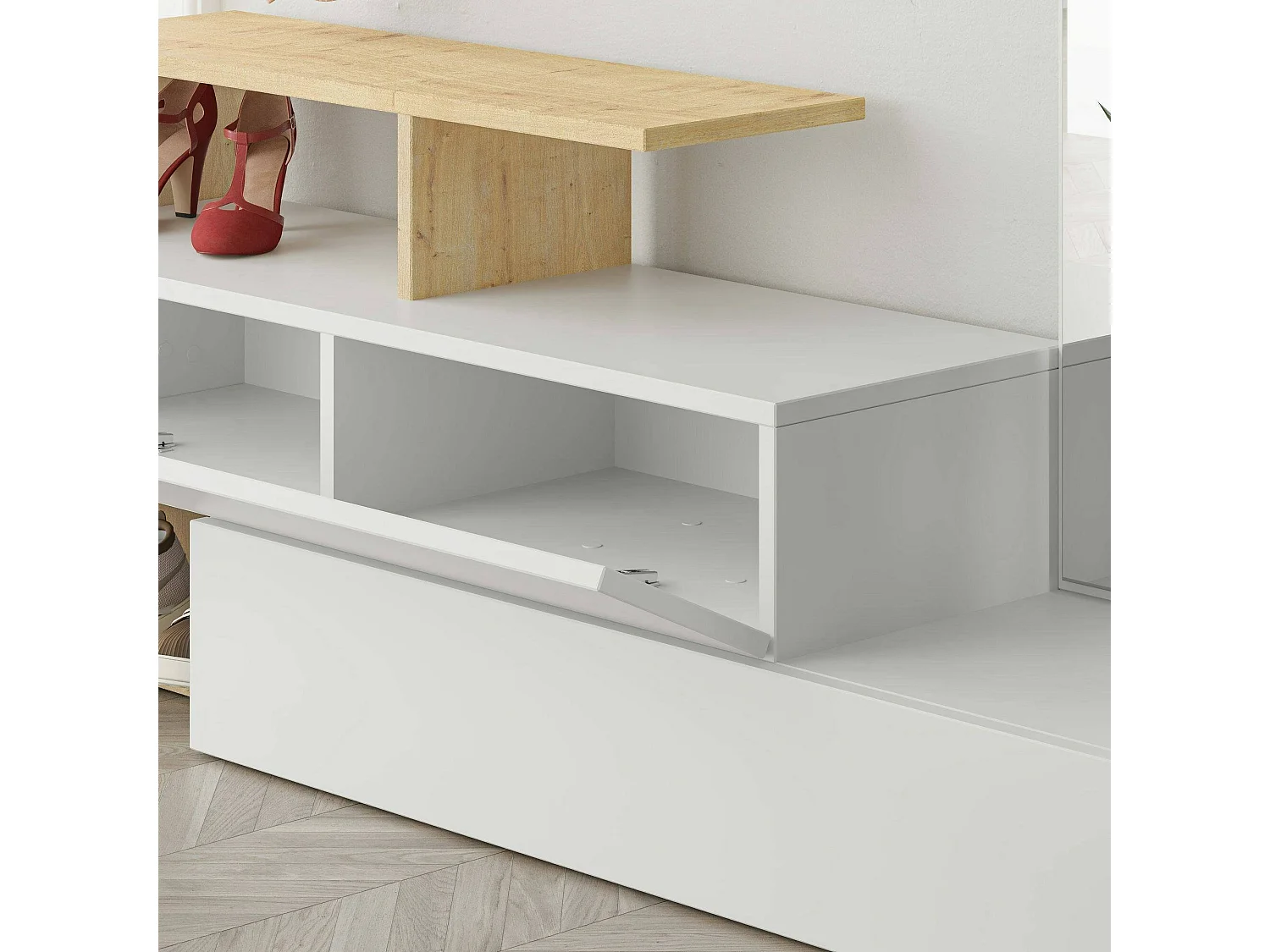 Dmartne-inkommeubel, inkomhanger, samenstelling voor atriumsO, Muptfunctionele opstelhouder, 137x35h55 cm, Wit en Eiken