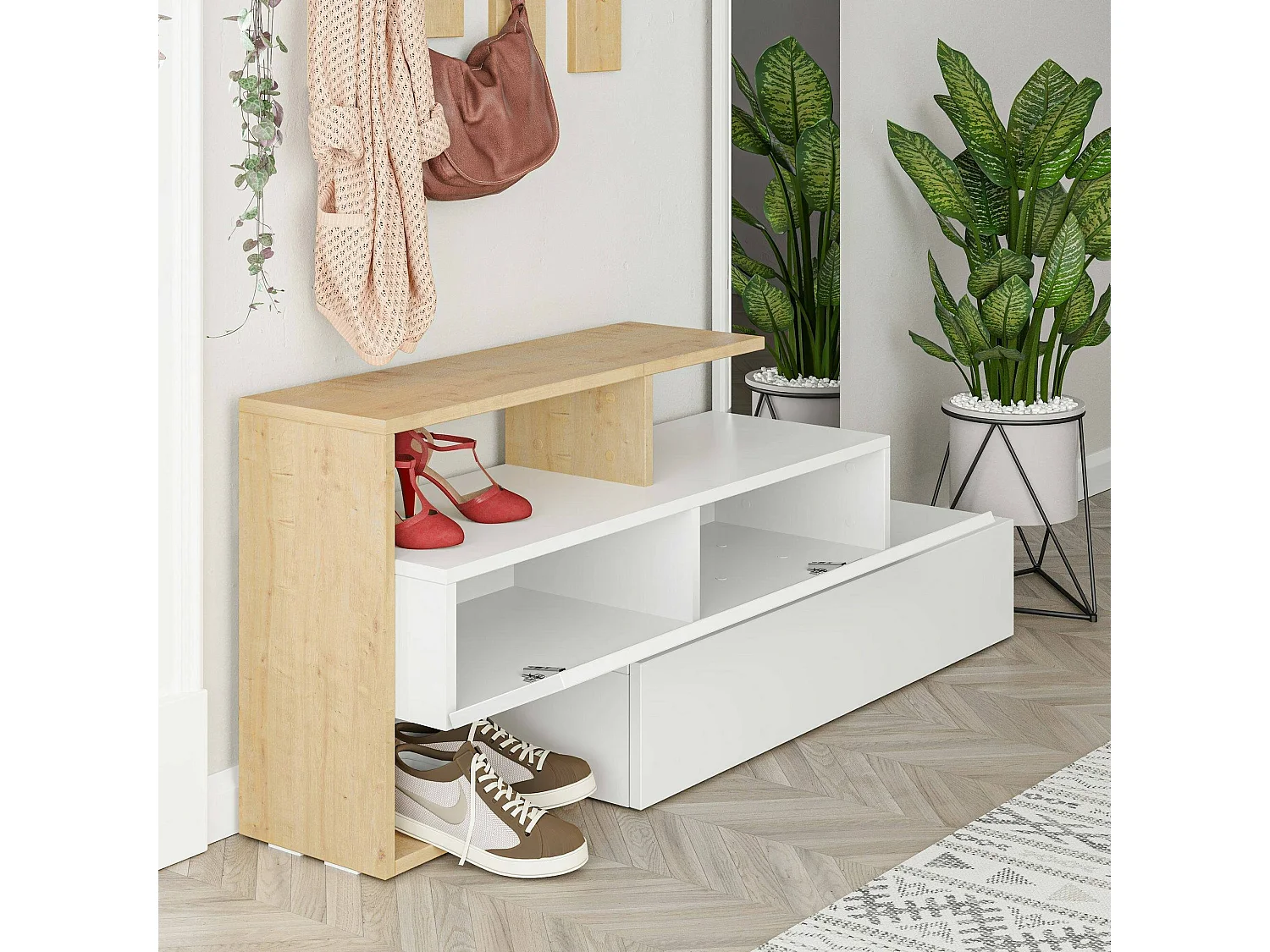 Dmartne-inkommeubel, inkomhanger, samenstelling voor atriumsO, Muptfunctionele opstelhouder, 137x35h55 cm, Wit en Eiken