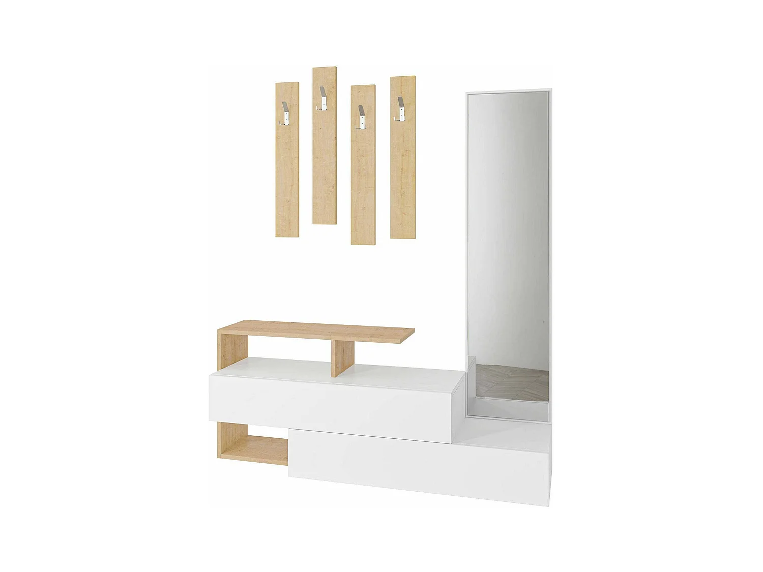 Dmartne-inkommeubel, inkomhanger, samenstelling voor atriumsO, Muptfunctionele opstelhouder, 137x35h55 cm, Wit en Eiken