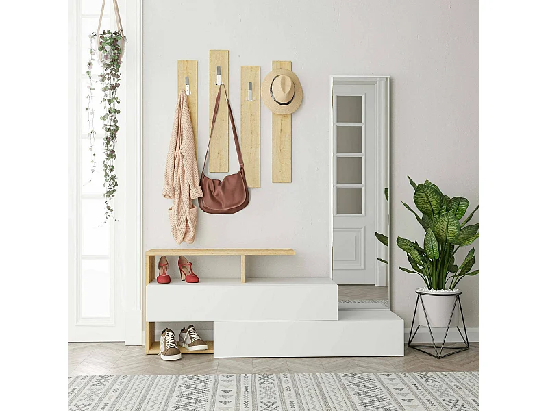 Meuble d'entrée Himalia, Crochet d'entrée, Composition pour l'atrium, Console de rangement multifonction, 137x35h55 cm, Blanc et chêne