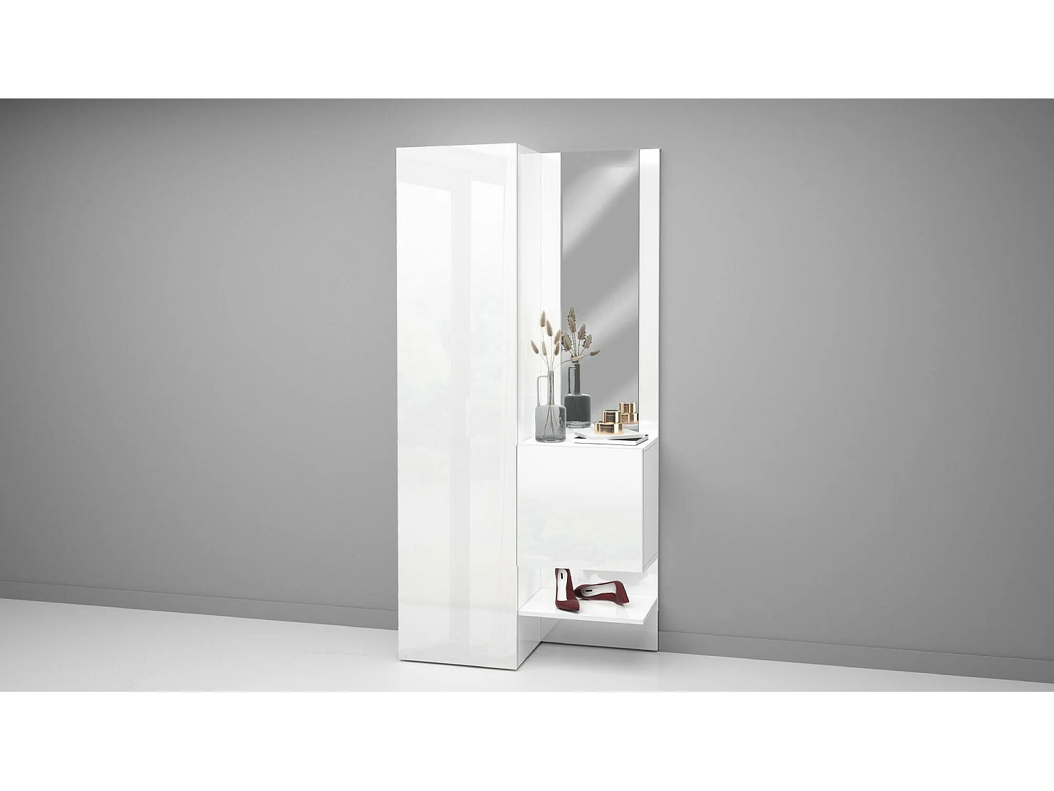 Meuble d'entrée Vinicio, Armoire multifonctionnelle avec 2 portes, Armoire polyvalente avec miroir, 90x35h190 cm, Blanc