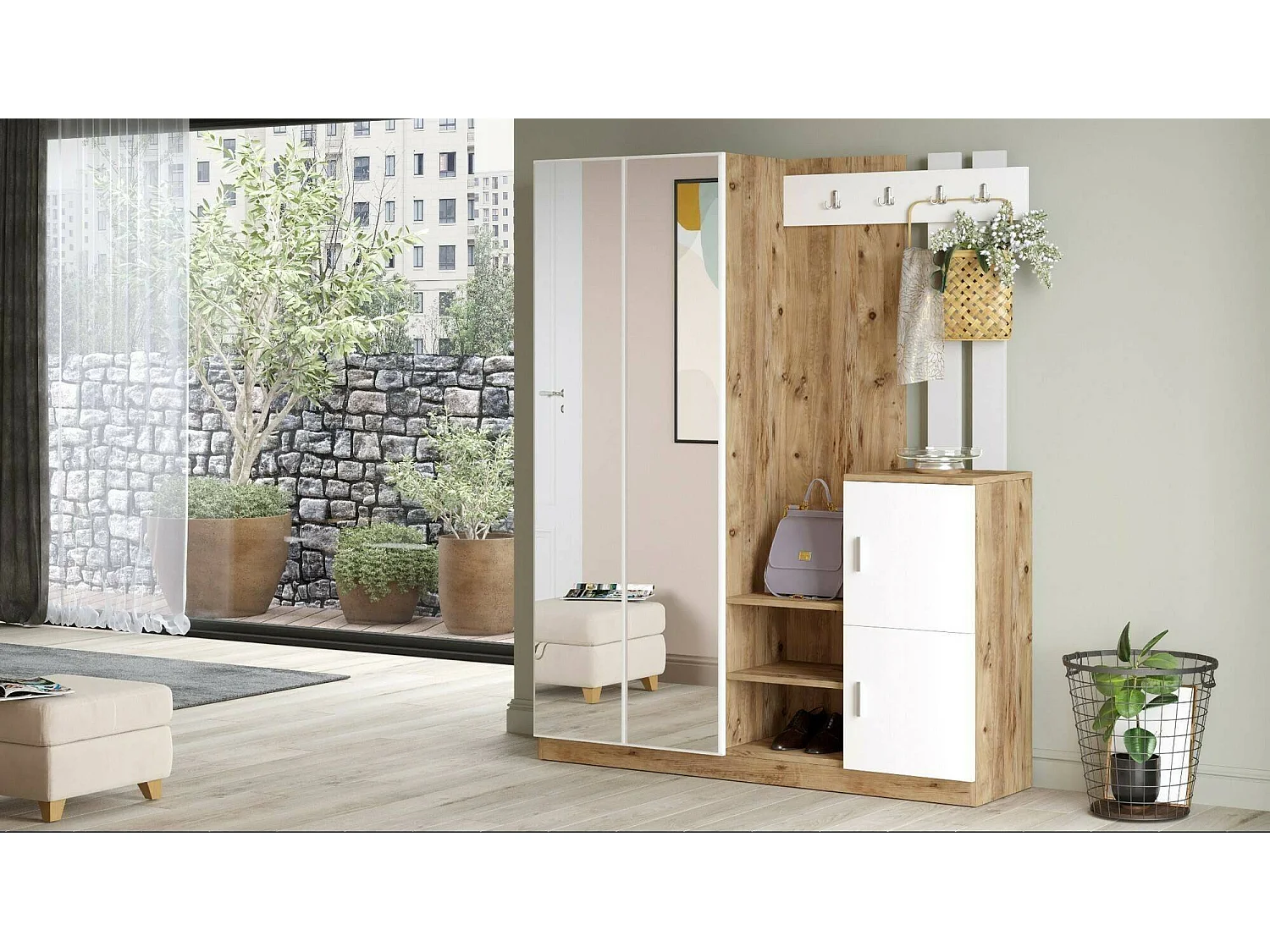 Meuble d'entrée Borealis, Crochet d'entrée, Composition pour l'atrium, Console de rangement multifonction, 147x38h180 cm, Chêne et Blanc