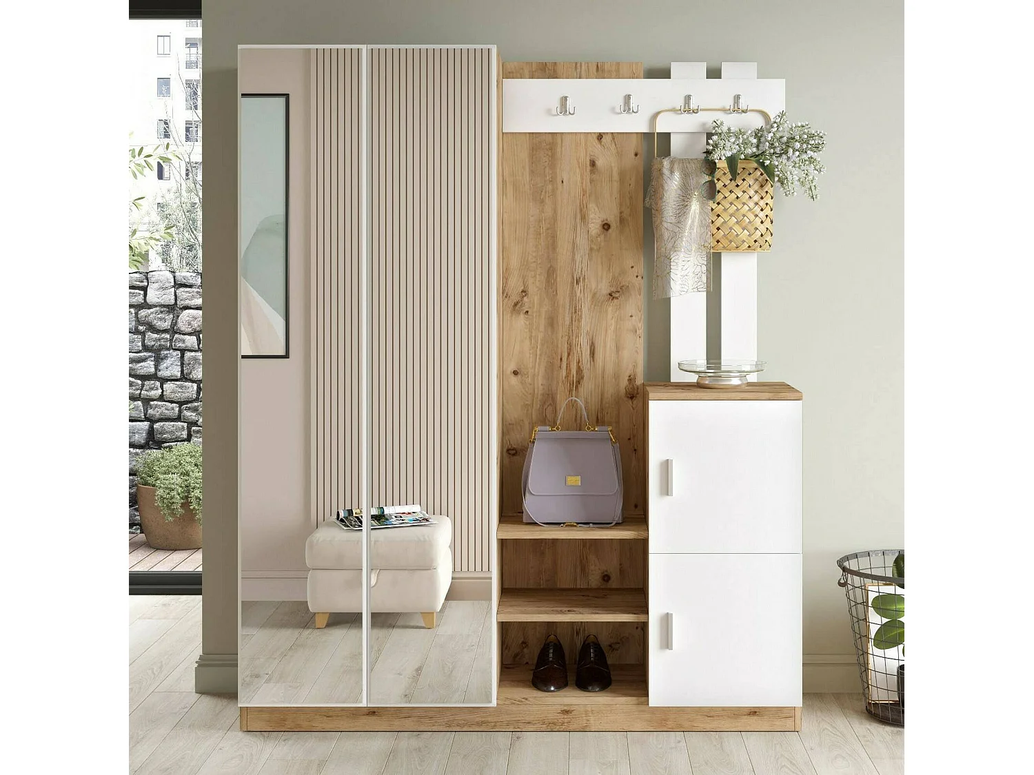 Meuble d'entrée Borealis, Crochet d'entrée, Composition pour l'atrium, Console de rangement multifonction, 147x38h180 cm, Chêne et Blanc