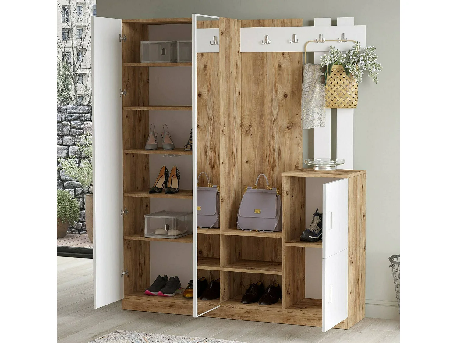 Meuble d'entrée Borealis, Crochet d'entrée, Composition pour l'atrium, Console de rangement multifonction, 147x38h180 cm, Chêne et Blanc