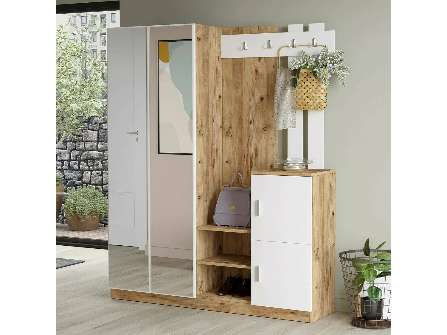 Meuble d'entrée Borealis, Crochet d'entrée, Composition pour l'atrium, Console de rangement multifonction, 147x38h180 cm, Chêne et Blanc