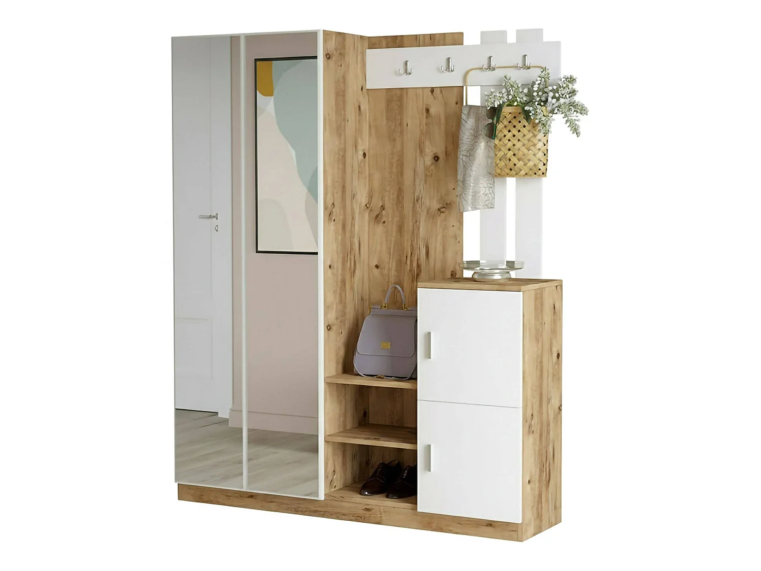 Armário de entrada Dgautier, Entrada de cabide, Composição para átrio, Consola de armazenamento multifunções, 147x38h180 cm, Carvalho e Branco