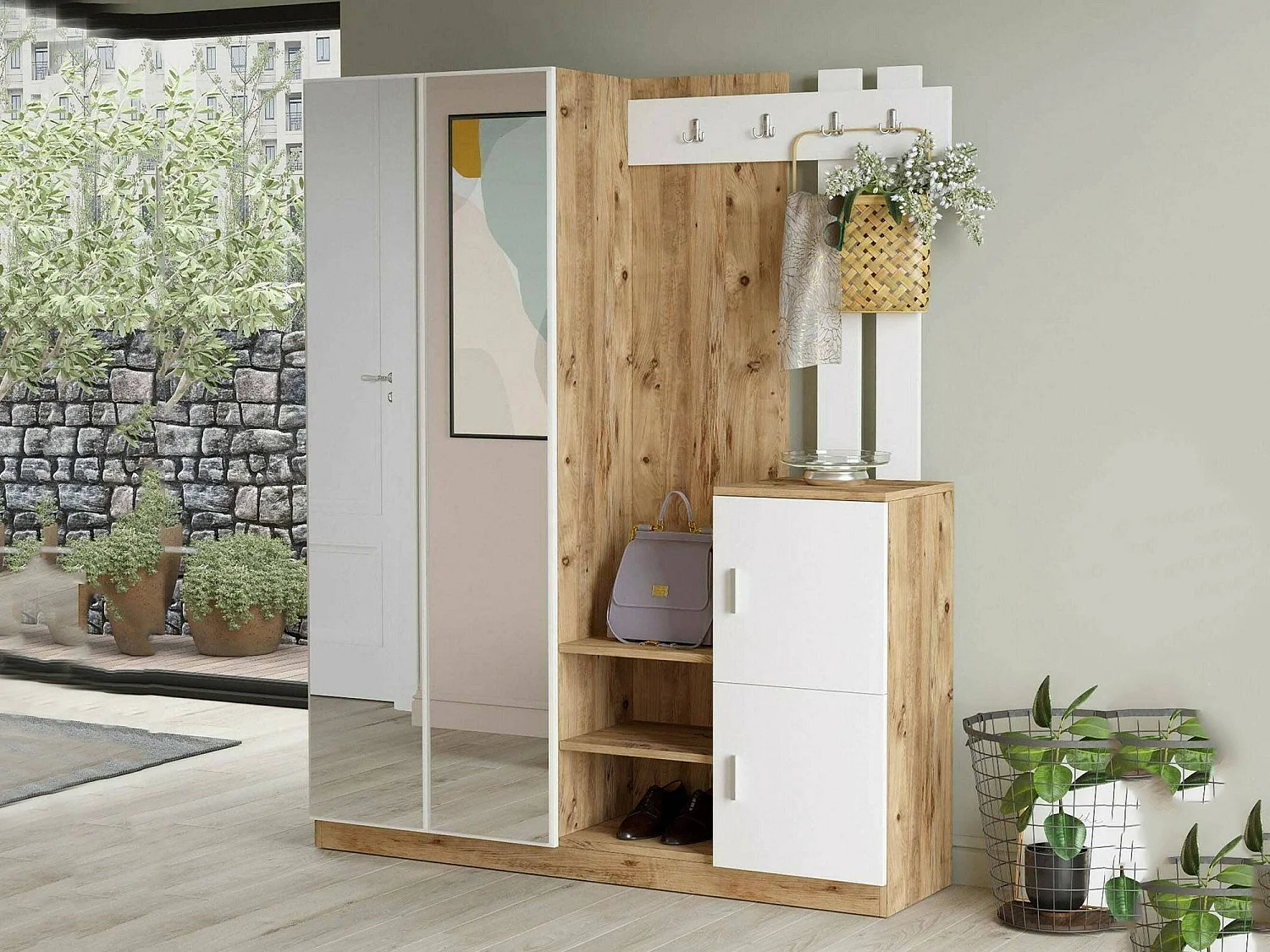 Armário de entrada Dgautier, Entrada de cabide, Composição para átrio, Consola de armazenamento multifunções, 147x38h180 cm, Carvalho e Branco