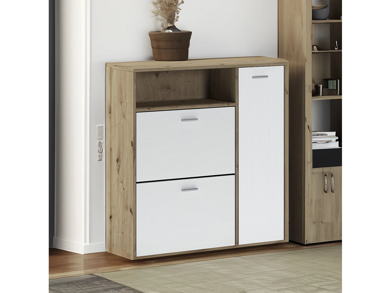 Eingangsmöbel Dafenagya, Moderner Eingang, Wandgarderobe, Multifunktions-Aufbewahrungskonsole, 92x27h94 cm, Eiche und Weiß