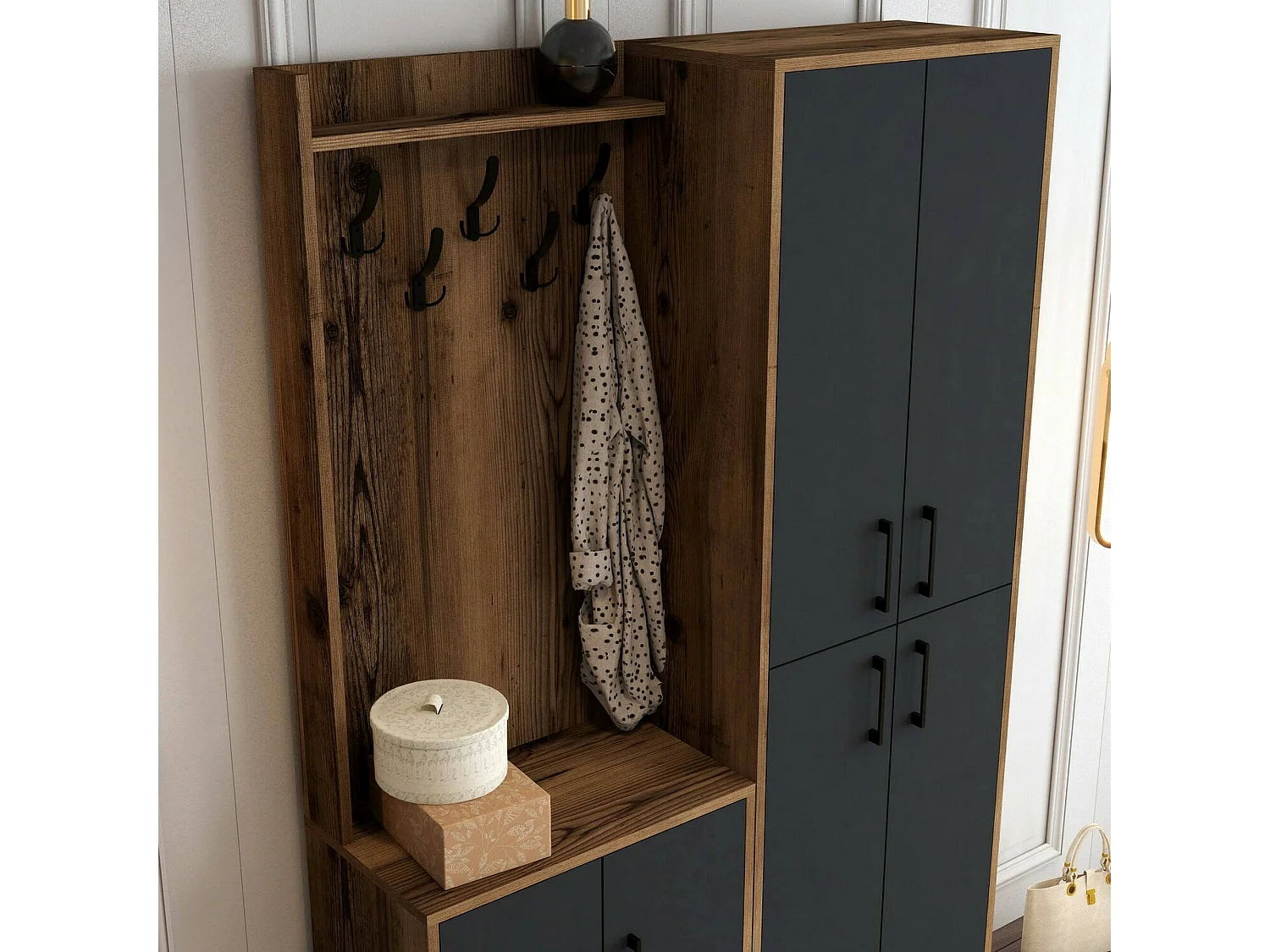 Meuble d'entrée Castor, Crochet d'entrée, Composition pour l'atrium, Console de rangement multifonction, 120x35h200 cm, Noyer et Anthracite