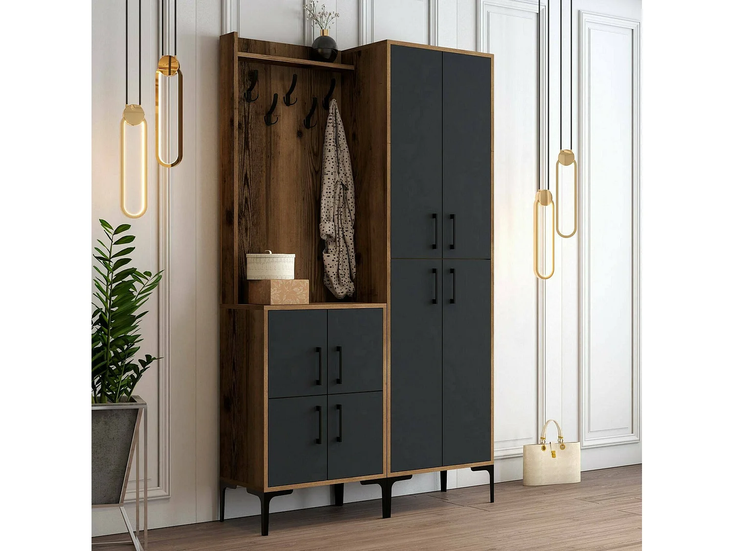 Dgottard entreemeubel, entree ophanger, samenstelling voor het atrium, menubileehouder, 120x35h200 cm, walnoot en antraciet