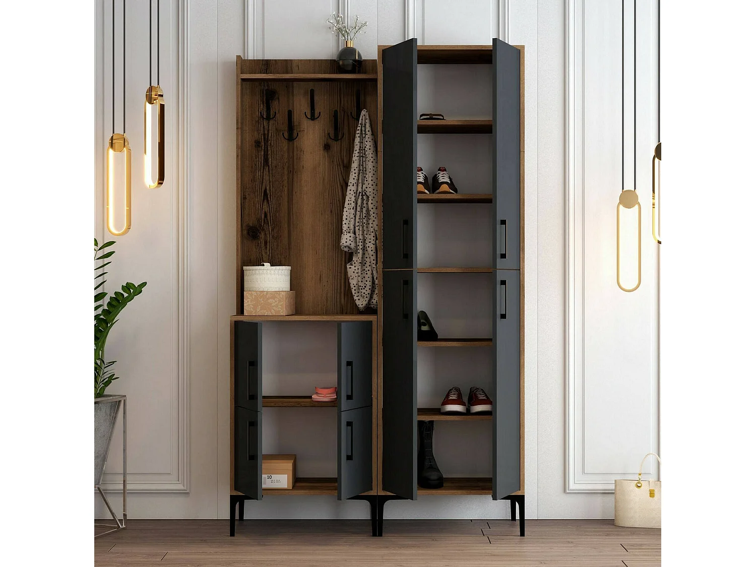 Dgottard entreemeubel, entree ophanger, samenstelling voor het atrium, menubileehouder, 120x35h200 cm, walnoot en antraciet