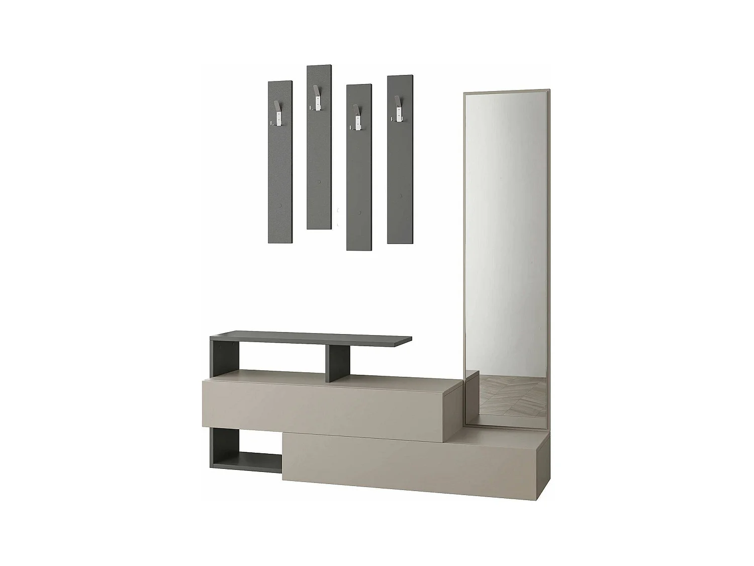 Dmartíne entreekast, Hanger ingang, Compositie voor atrium, Multifunctionele opbergconsole, 137x35h55 cm, Tortora en Antraciet