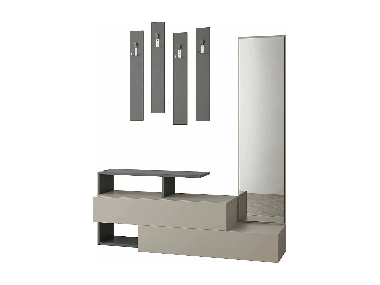 Dmartíne entreekast, Hanger ingang, Compositie voor atrium, Multifunctionele opbergconsole, 137x35h55 cm, Tortora en Antraciet