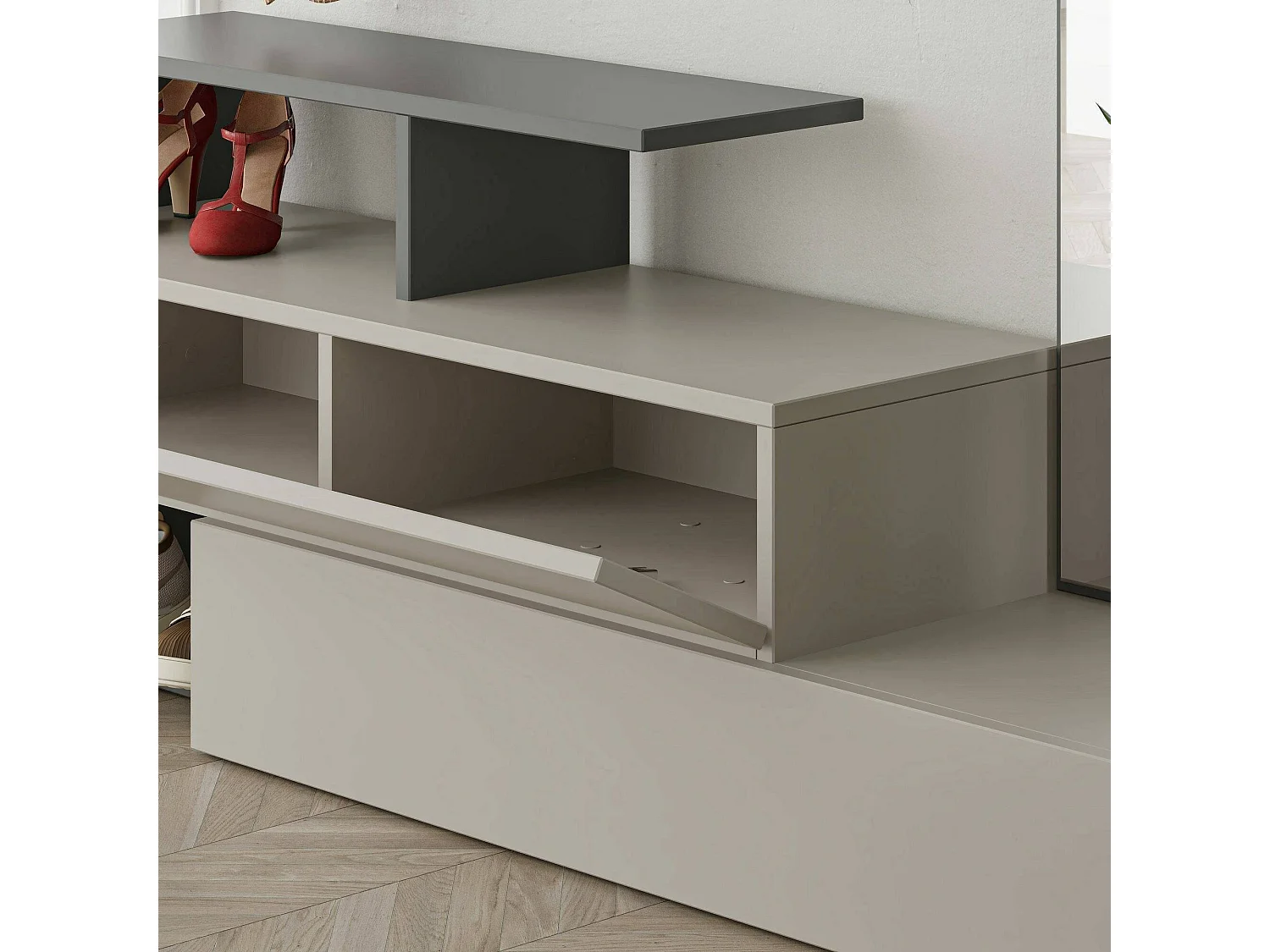 Dmartíne entreekast, Hanger ingang, Compositie voor atrium, Multifunctionele opbergconsole, 137x35h55 cm, Tortora en Antraciet