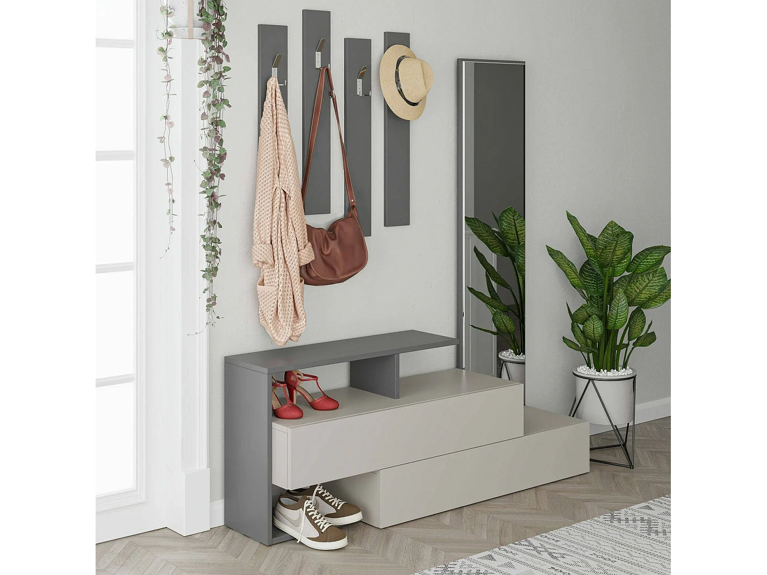 Dmartíne entreekast, Hanger ingang, Compositie voor atrium, Multifunctionele opbergconsole, 137x35h55 cm, Tortora en Antraciet